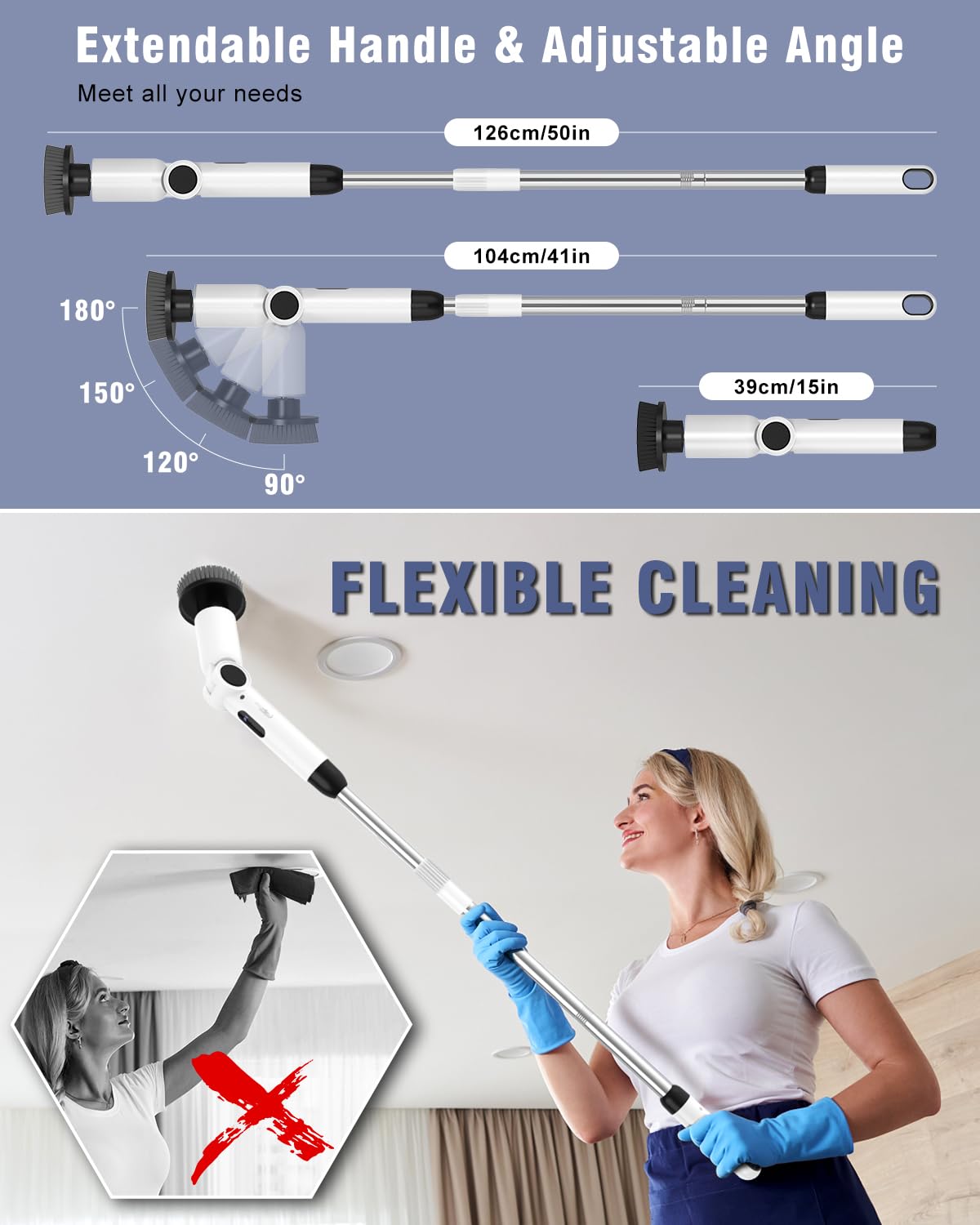 Electric Spin Scrubber, [Adjustable Angle] Homtronics Cordless Electric Cleaning Brush with 8 Replaceable Brush Heads, Battery Display, 450r/min Speed, 50in Adjustable Long Handle for Bathroom