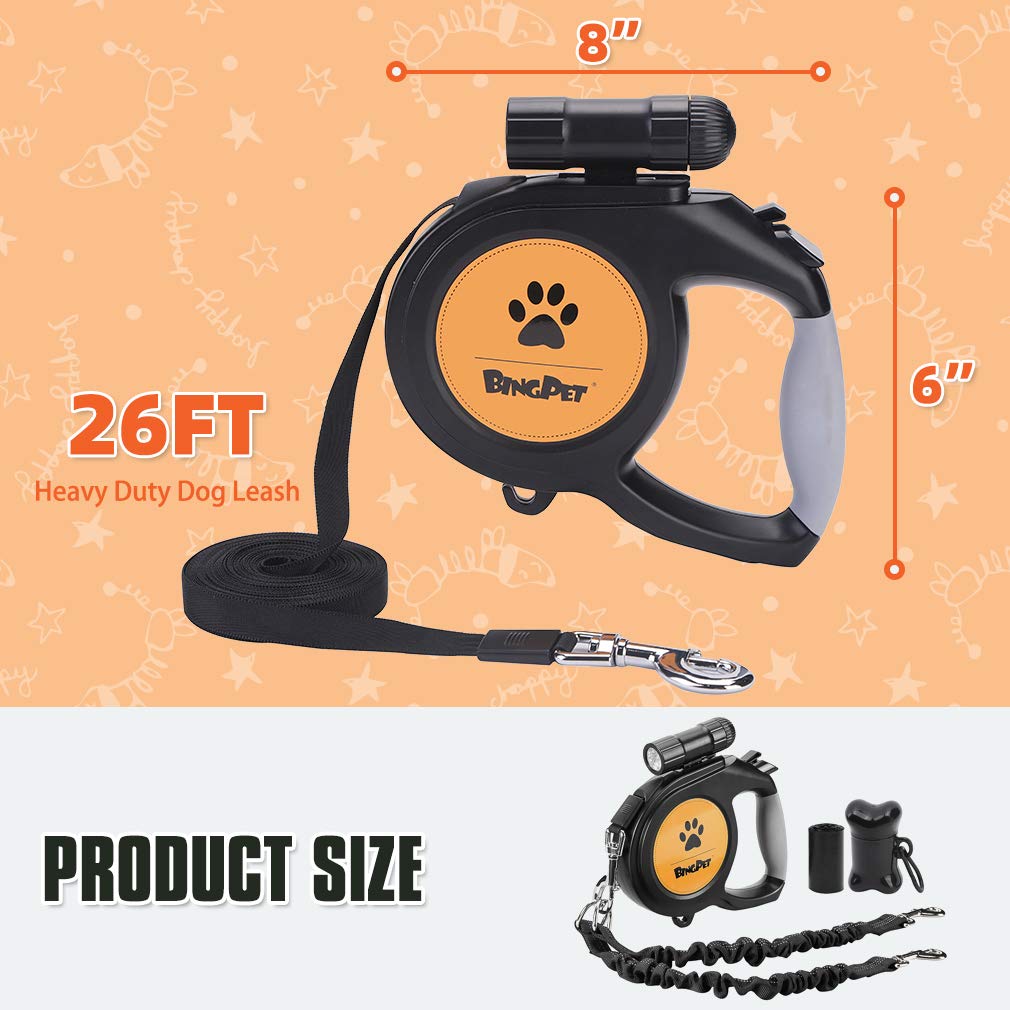 BINGPET Dual Retractable Dog Leash for Dogs Walking,26ft Heavy Duty Double Dog Leash for Two Dogs with LED Flashlight,Poop Bags,Reflective Elastic Rope,360° Tangle-Free,Up to 110 lbs / 50 kg