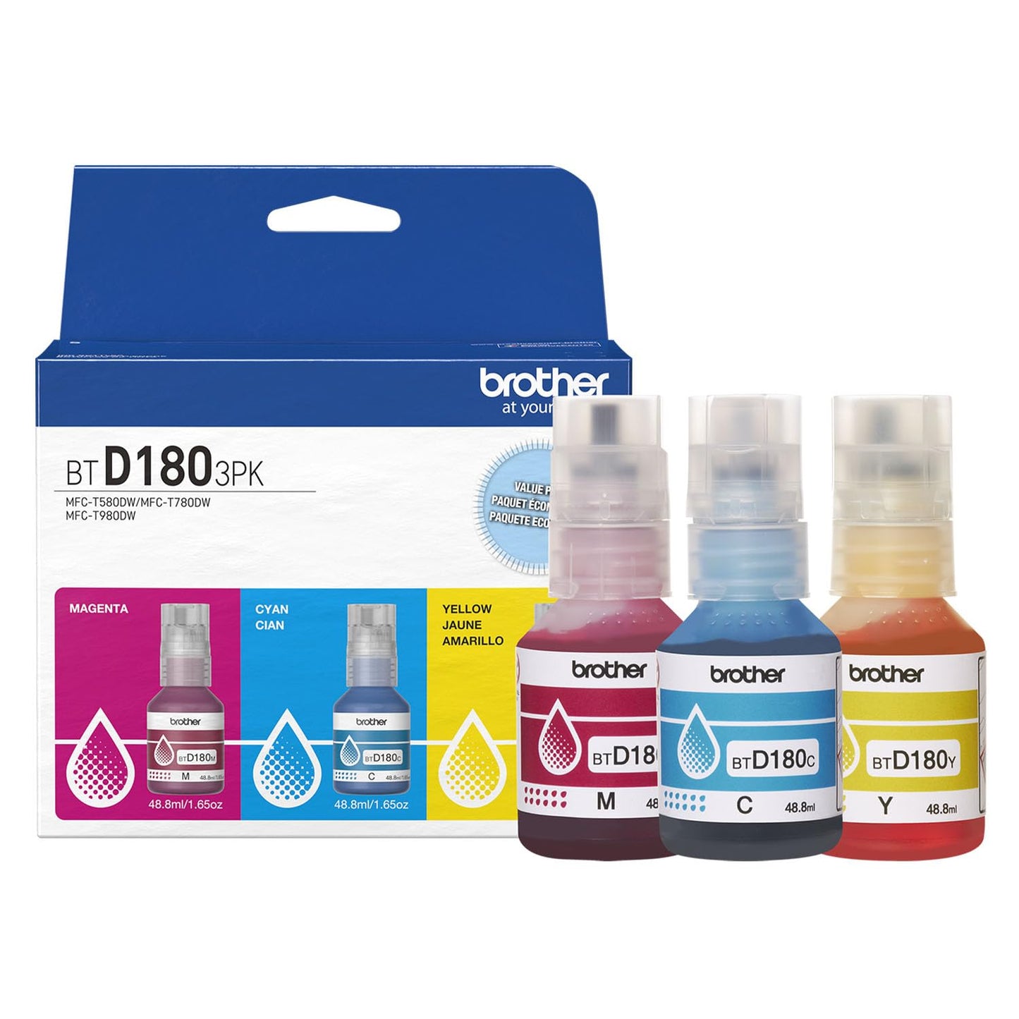 Brother Genuine BTD1803PKS High Yield Cyan, Magenta, Yellow Refill Ink Bottles Value Pack for Brother Super Tank Printer MFC-T580DW, MFC-T780DW, MFC-T980DW