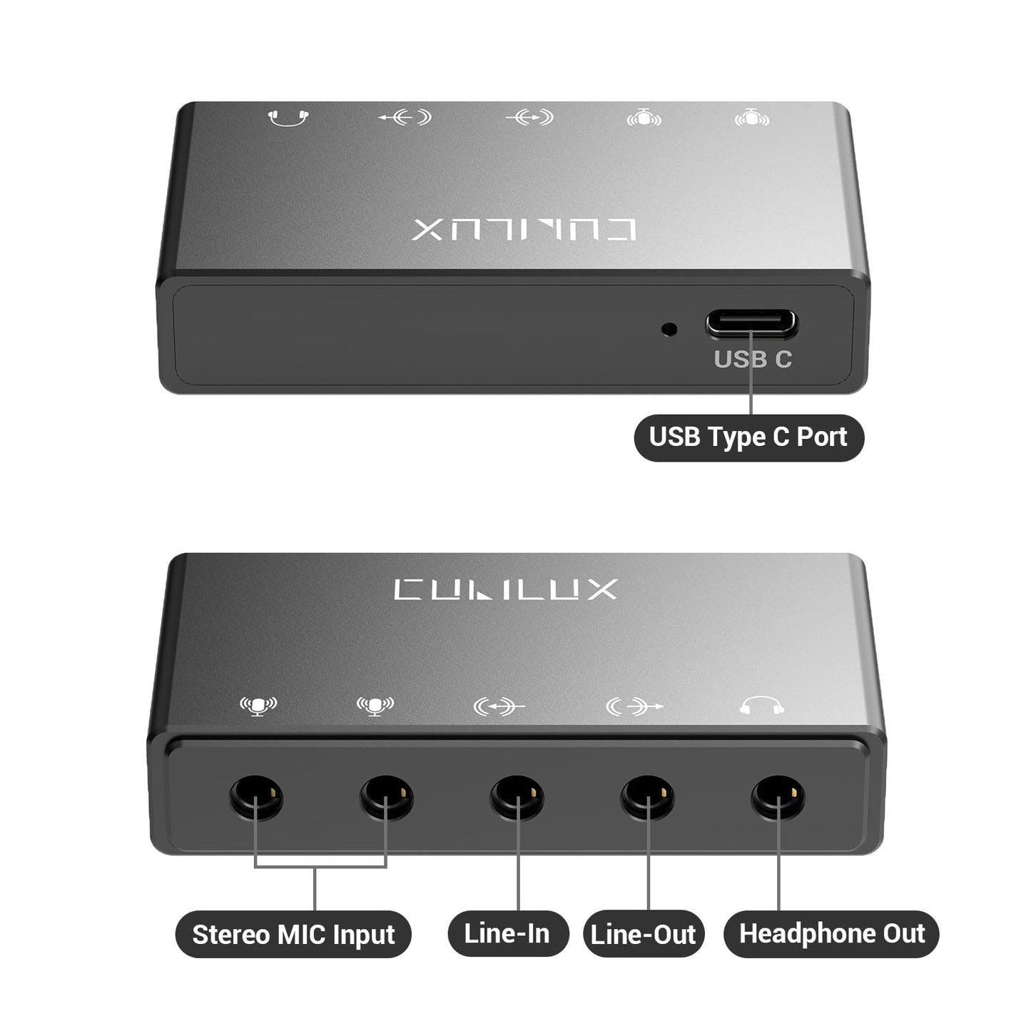 Cubilux CB5 USB Audio Interface for Recording, USB to 3.5mm Sound Card with Stereo Microphone Input, Line-In, Line-Out & Headphone Jack, Support Windows & Mac OS