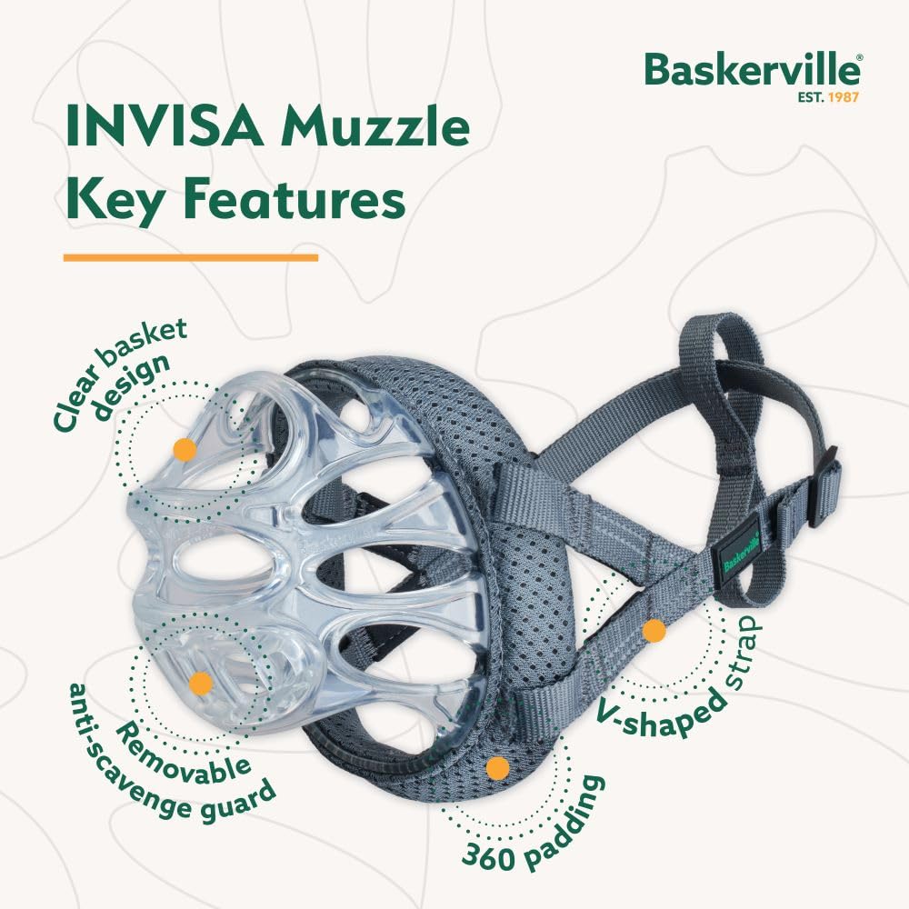 Baskerville INVISA Basket Dog Muzzle - Patented Humane Design with Facial Visibility, Padded Nose Band, Dog can Pant and Drink, Prevents Biting and Scavenging. Muzzle for Medium-Sized Dogs (Size 4)