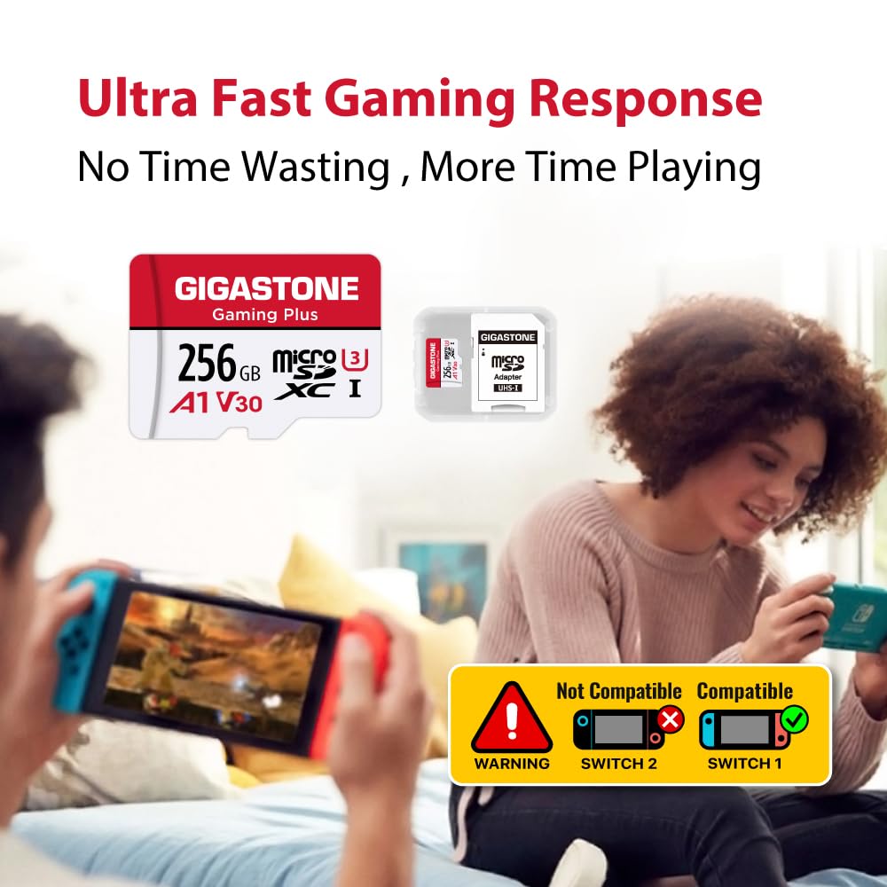 GIGASTONE 256GB Micro SD Card, Gaming Plus, MicroSDXC Memory Card for Nintendo-Switch 1, Steam Deck, Dash Cam, Security Camera, 4K Video Recording, UHS-I A1 U3 V30 C10, up to 100MB/s, with Adapter
