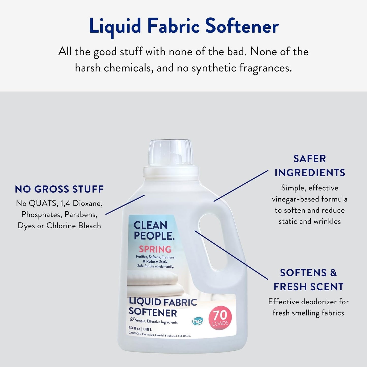 The Clean People Liquid Fabric Softener - Softens & Removes Static Cling - Vegan Scented Laundry Softener - Spring Scent, 50 fl oz - 70 Loads - 2 Pack