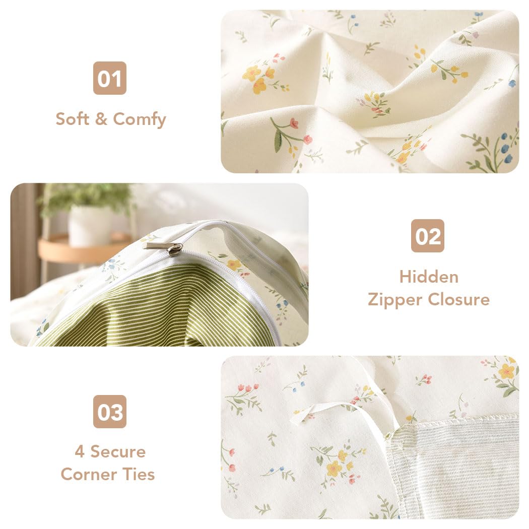 Conworld 100% Washed Cotton Duvet Cover Queen, Ultra Soft Breathable Floral Queen Duvet Cover Bedding Sets with Zipper Closure & Corner Ties, Green