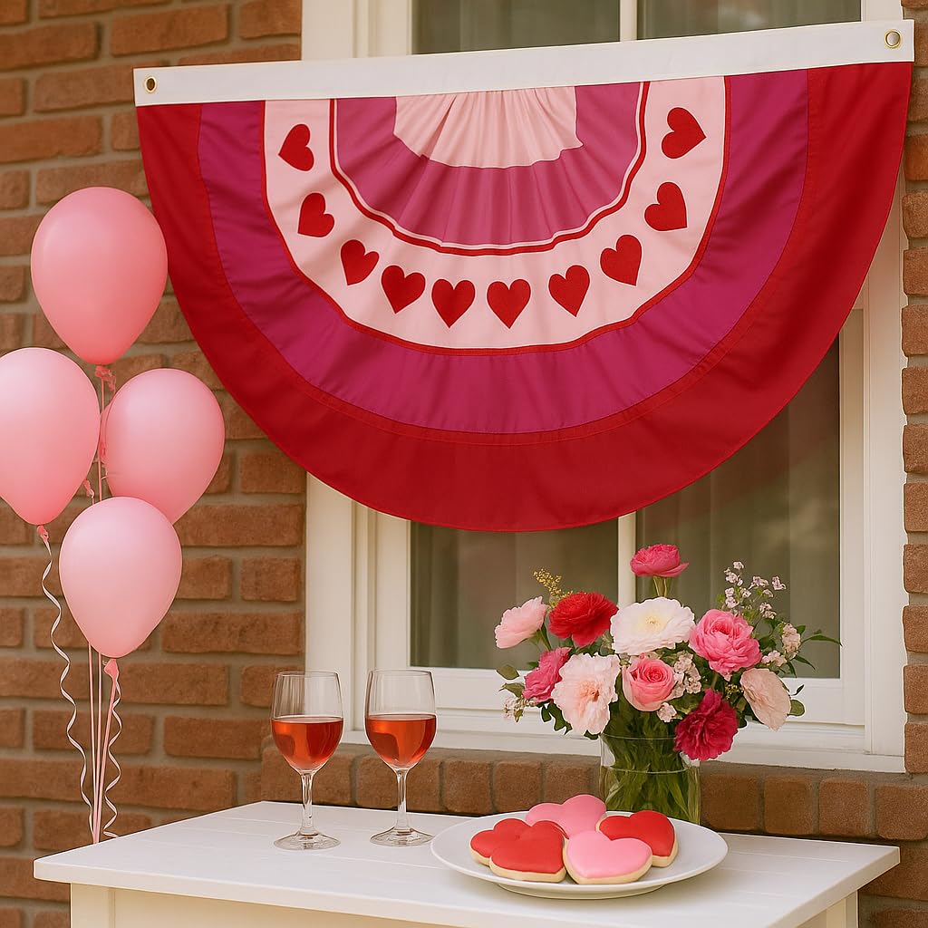 LinaGarten 4Pcs Valentine’s Day Bunting 2x4Ft Embroidered Love Heart Half Fan Bunting Flag Banner for Garden Fence, Outdoor Party, and Porch Decor