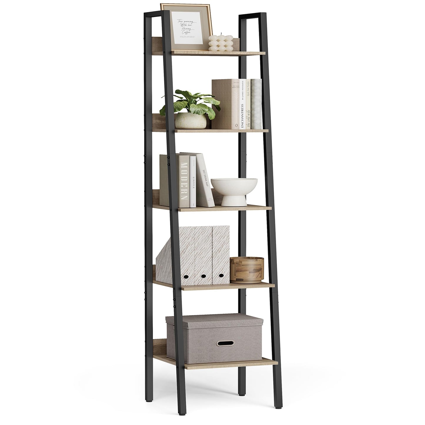 VASAGLE Bookshelf, 5-Tier Narrow Book Shelf, Ladder Shelf for Home Office, Living Room, Bedroom, Kitchen, Camel Brown and Black ULLS109B50V2
