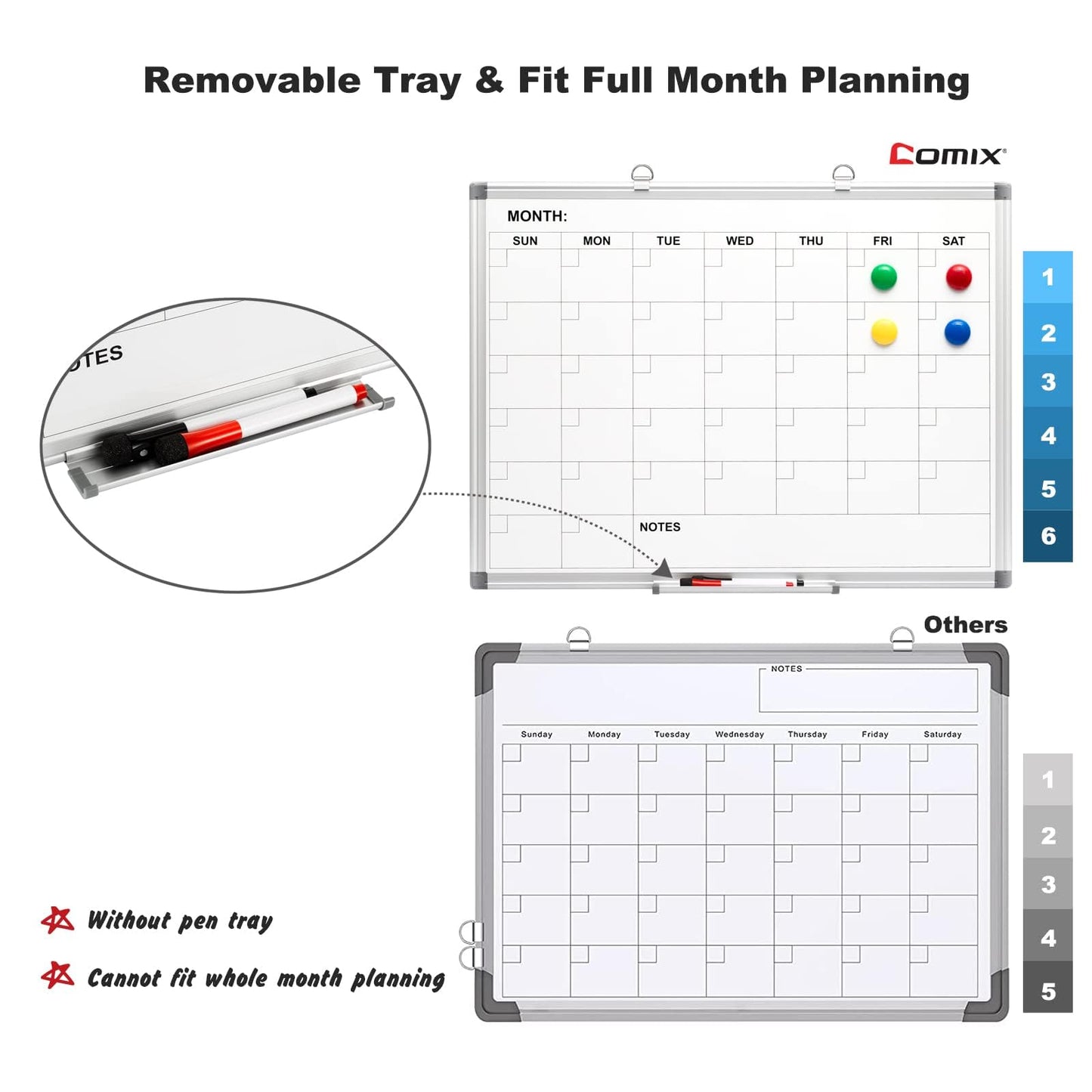 Comix Magnetic Dry Erase Calendar Whiteboard, 24 x 18 Inches Monthly Calendar Dry Erase Board for Wall, Aluminum Frame Planner White Board with Dry Erase Markers, Dry Erase Eraser, Magnets