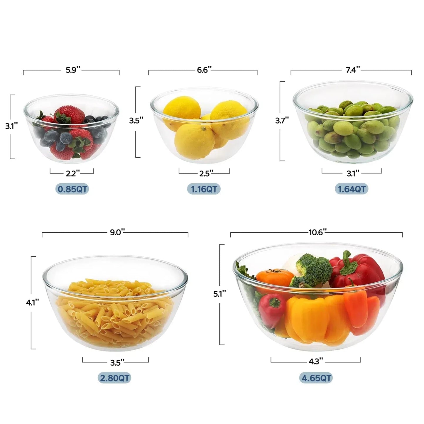 Cuiselect 5pc Glass Mixing Bowls with Lids Set (4.65QT, 2.80QT, 1.64QT, 1.16QT, 0.85QT), Nesting Salad Bowl, Large Glass Mixing Bowl for Cooking, Baking, Prepping-Dishwasher Microwave Freezer Safe