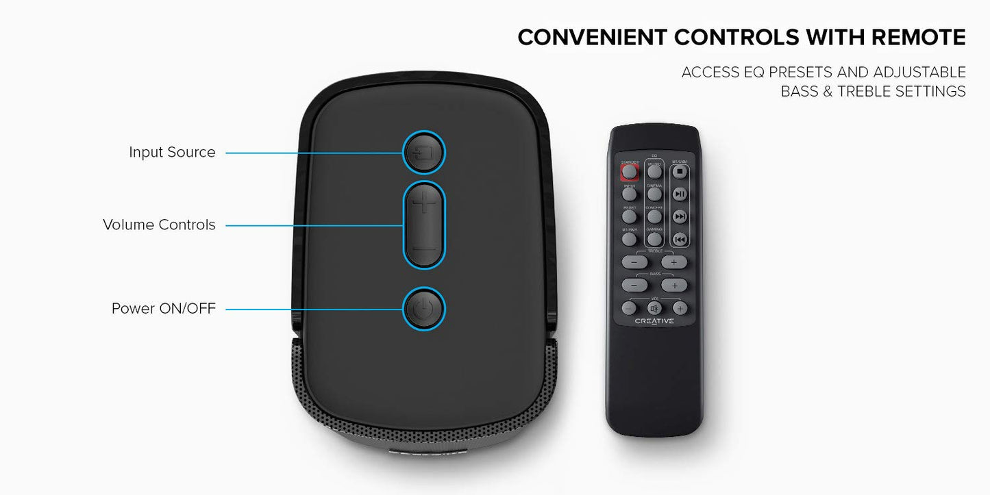 Creative T100-2.0 Compact Hi-Fi Desktop Speakers, up to 80W Peak Power with Bluetooth 5.0, Optical-in, AUX-in, Wide Soundstage and Audio Clarity with Bass Control for Computers and Laptops (Black)