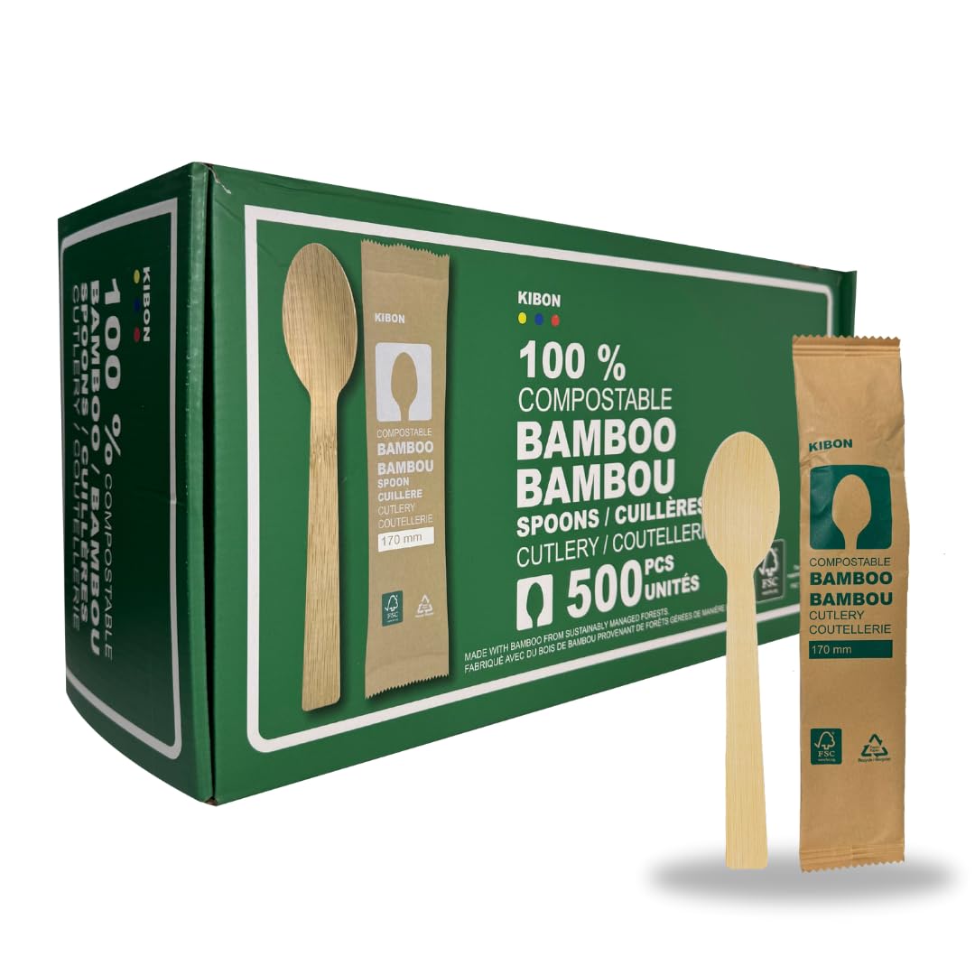 KIBON Bamboo Spoons, 500 Individually Wrapped Disposable Spoons, Biodegradable Packaging, Sturdy, Eco-Friendly, Heat-Resistant, Compostable Utensils for All Occasions, Sustainable Plastic Alternative