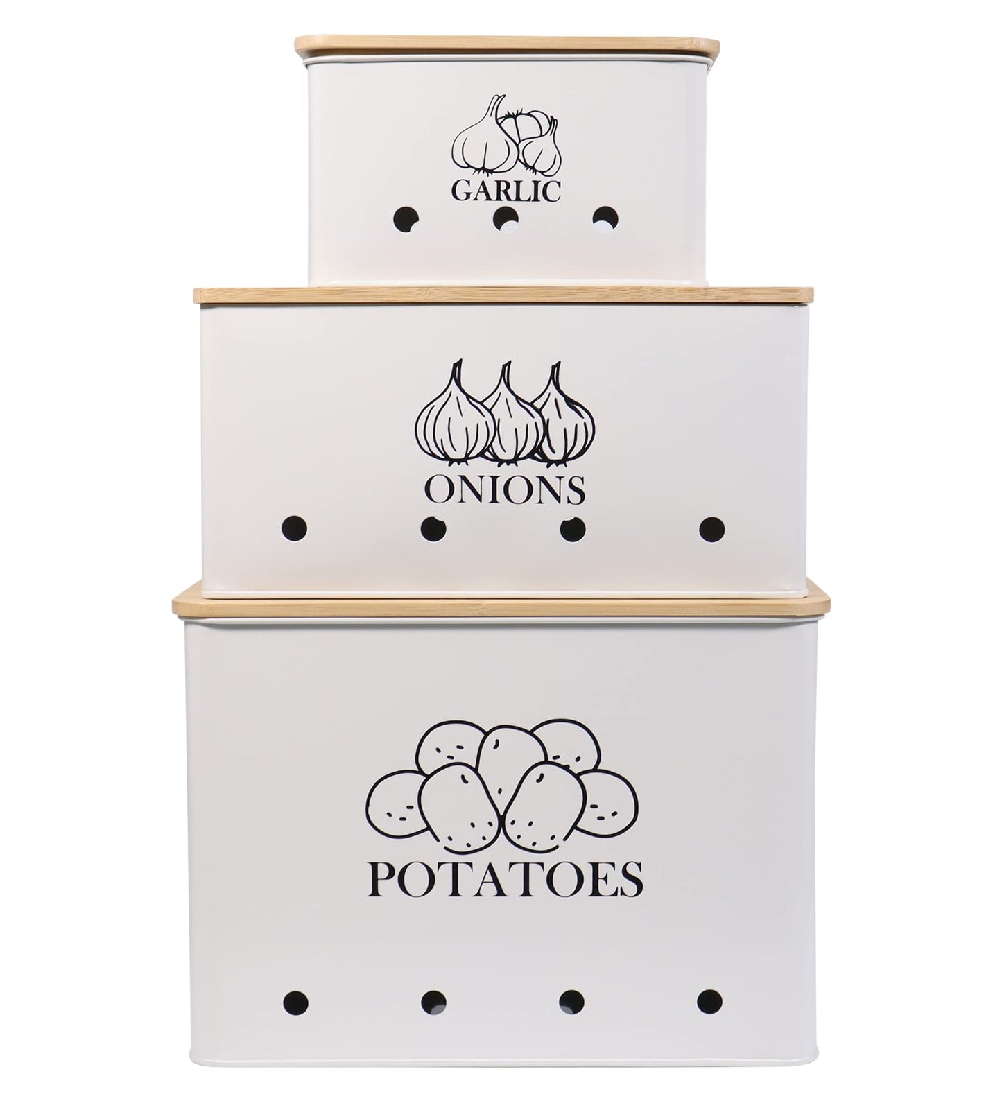 Kitchen Vegetable Storage Tins Set of 3 for Potato Onion & Garlic with Wooden Lid, Kitchen Storage Canisters Set, Long Shelf Life - White