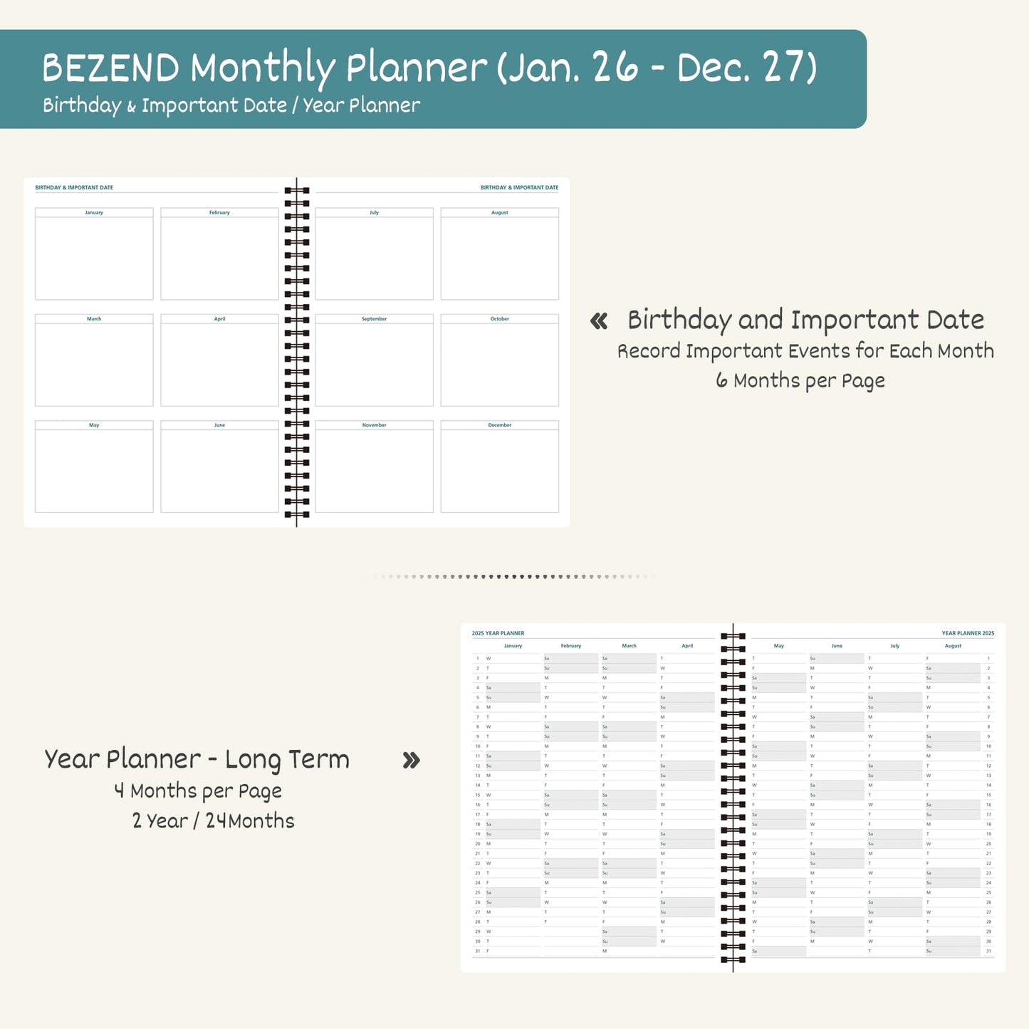 BEZEND Monthly Planner 2026-2027 (Spiral-8.5" x 11"), 2 Year Agenda with Note Pages -Jan 26 to Dec 27 Calendar with Laminated Tabs, 120 GSM Paper, Inner Pockets, Vegan Leather Softcover -Black