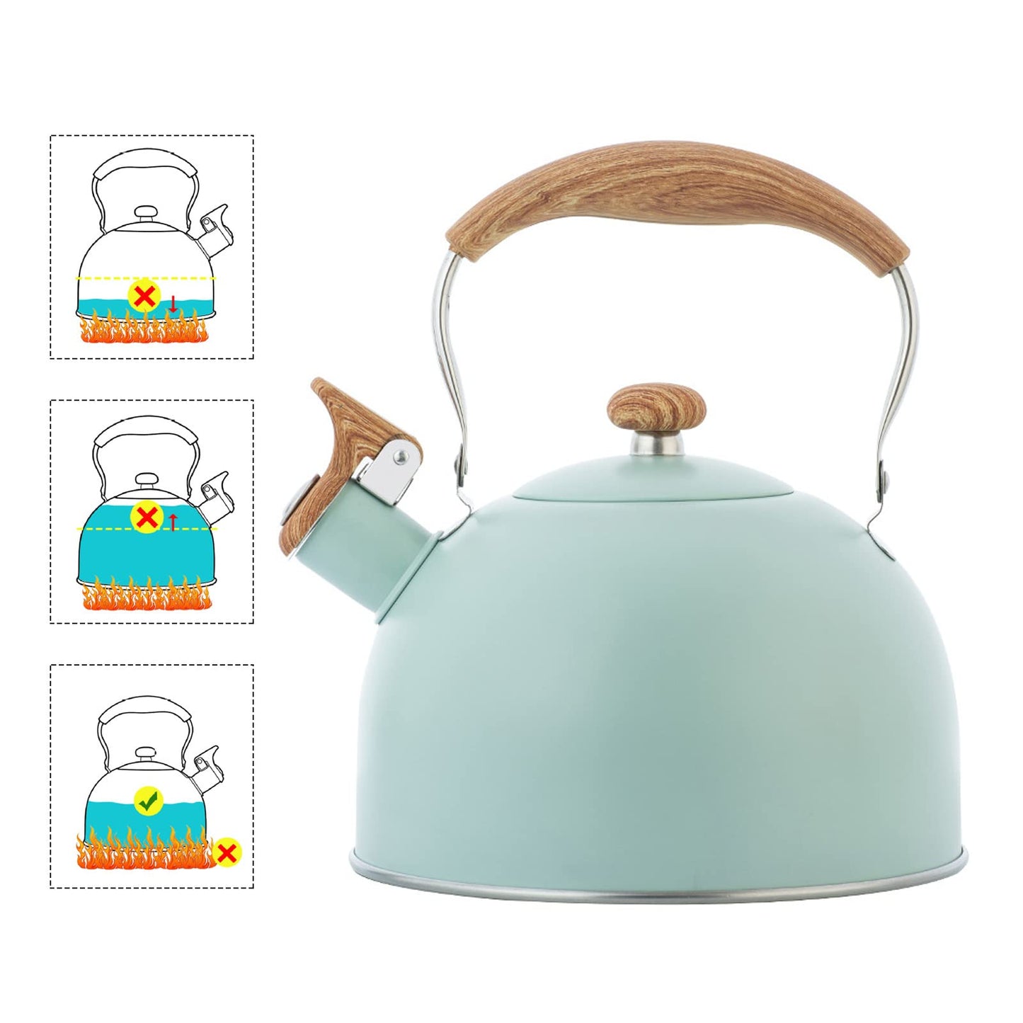 LYTDMSKY Tea Kettle, Stove Top Kettle Green, Whistle Kettle for Stovetop, 2.5L Food Grade Stainless Steel Tea Pot Stovetop for Tea Coffee Milk, Folding Wood Handle Farmhouse Whistling Kettle