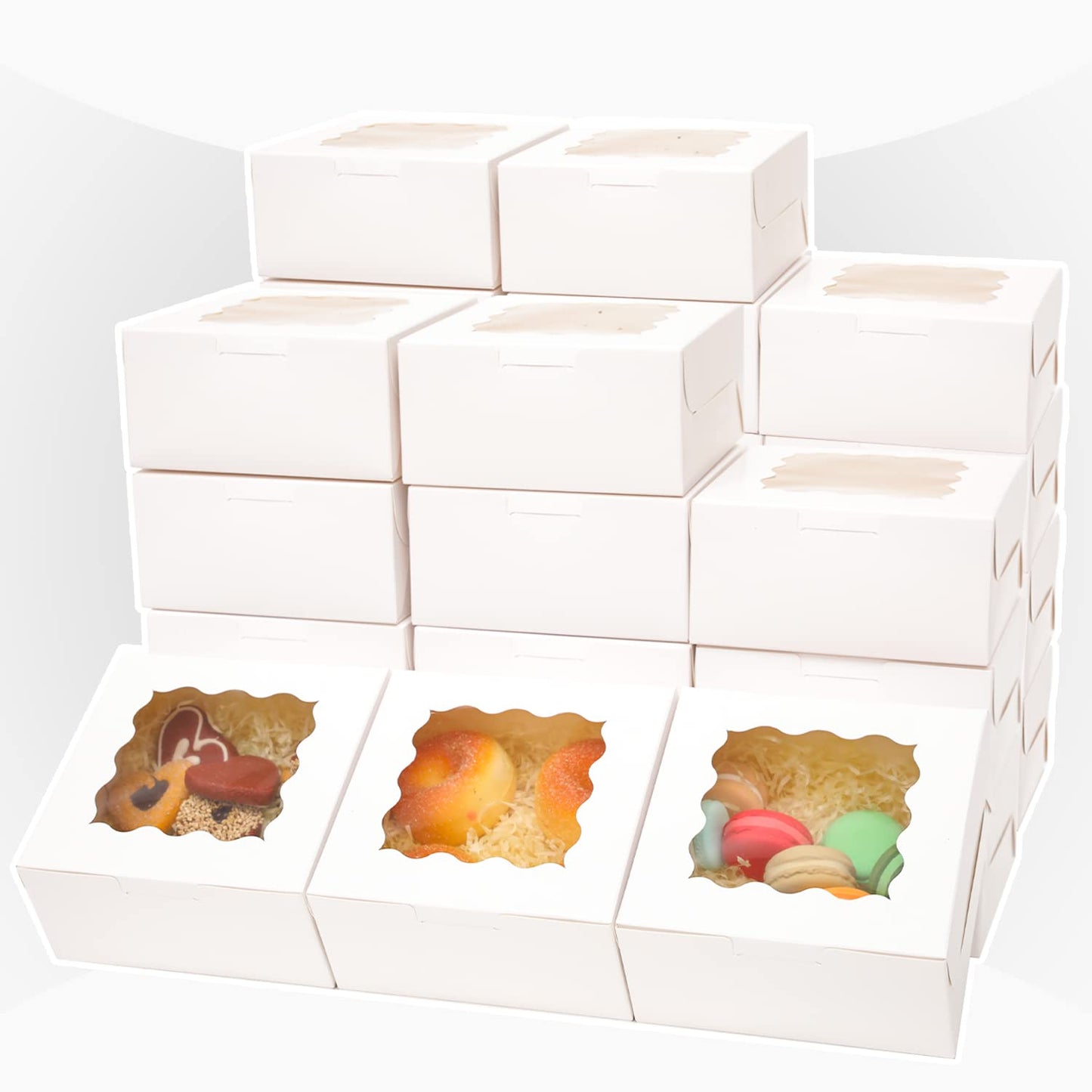 100Packs Bakery Boxes with Window 6x6x3 inches White Cookie Boxes Macaroon Boxes Thick & Sturdy Treat Boxes for Macarons