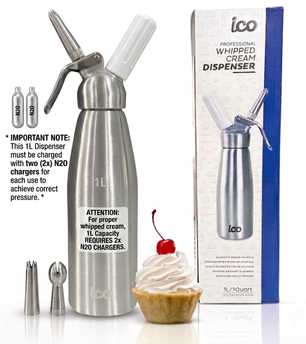 ICO Professional Aluminum Whipped Cream Dispenser with 3 Stainless Steel Nozzles & Cleaning Brush, for Homemade Whipping Cream, Dips, Sauces, and Infusions (1L or 1 quart) Gas chargers not included
