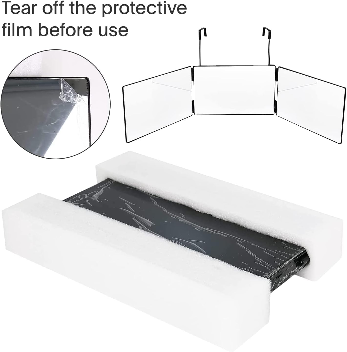 3 Way Mirror with Light for Self Hair Cutting with Hooks, 360° Mirror for Hair Cutting, Tirfold Madeup Mirror with Height Adjustable for Shaving