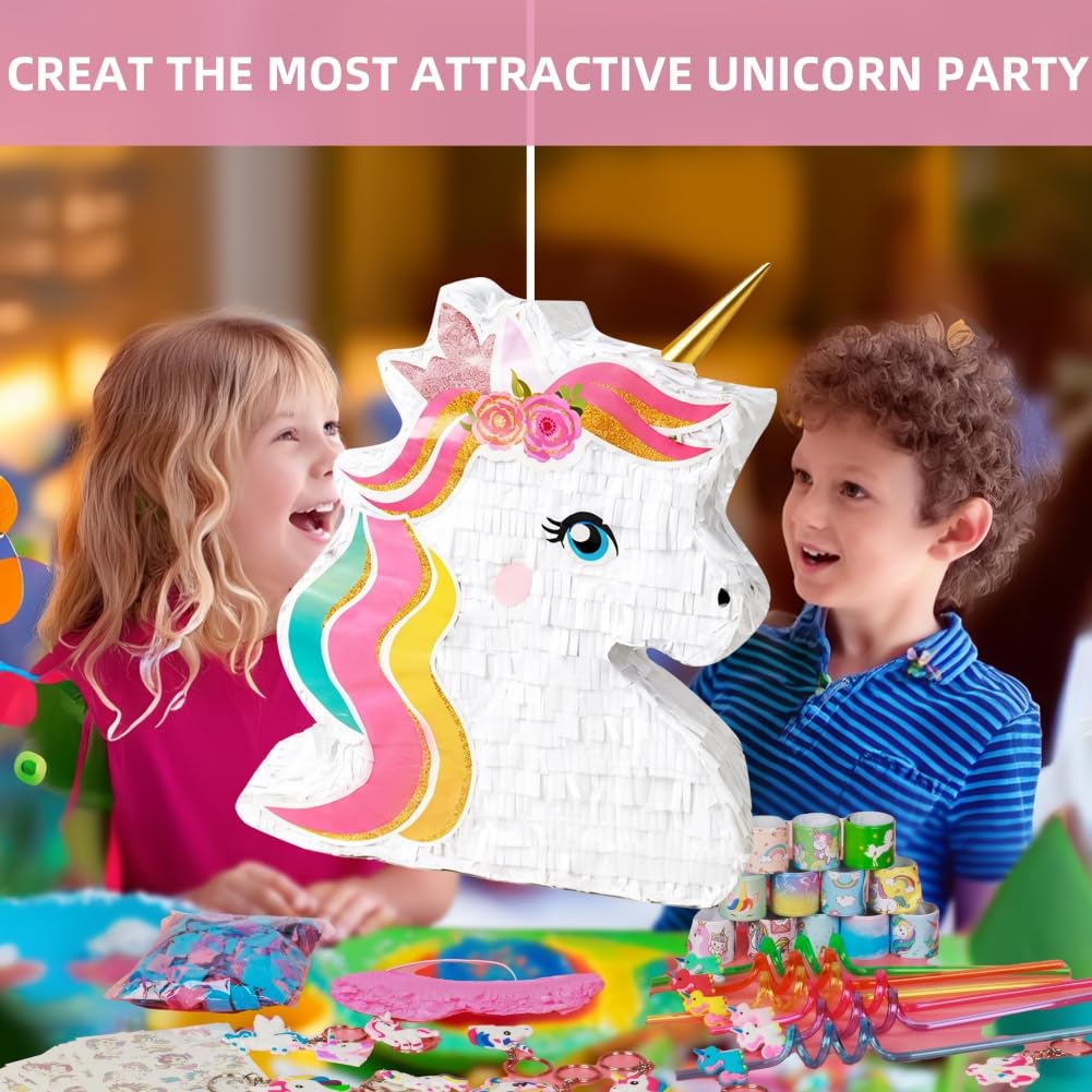 Unicorn Pinata Party Supplies Favors for Girl Birthday Party Unicorn Theme Party Supplies with Unicorn Pinata Headbands Straws Slap Bracelets Keychains Silicone Bands and Stickers (White)