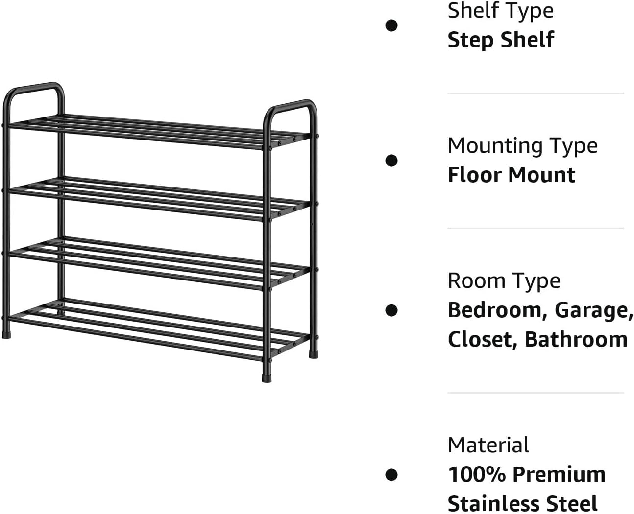 FANHAO 4-Tier Shoe Rack, 100% Stainless Steel Shoe Shelf Storage Organizer 12 Pairs for Bedroom, Closet, Entryway, Dorm Room, Matte Black