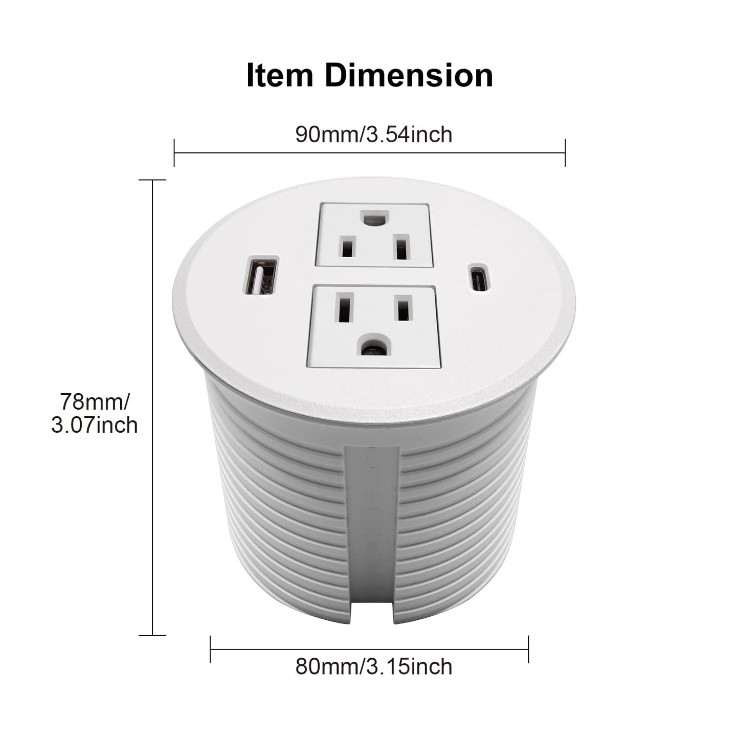 Desk Power Grommet USB C, PD Fast Charge Desktop Power Bar 2 Outlets 2 USB Ports (Total 30W) Recessed Flat Plug Extension Cord Mount into Countertop Shelf Cabinet End Table White