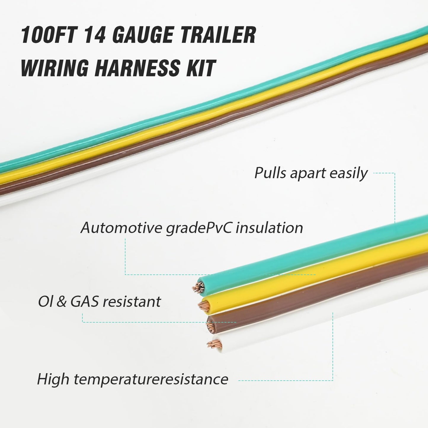 Vkinman 100FT 14 Gauge Trailer Wiring Harness Kit, 4-Way Bonded, Marine Trailer Wiring