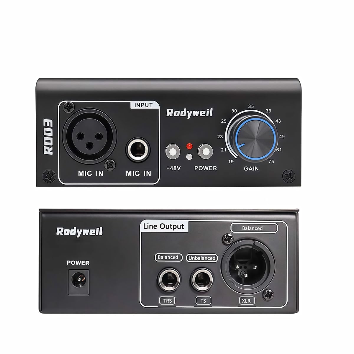 Rodyweil Mic Preamp with 19 ~ 75db Adjustable Gain Boost Balaneced Line Out and 48V for Dynamic, Condenser,Ribbon Microphone, Audio Interface, Audio Mixer