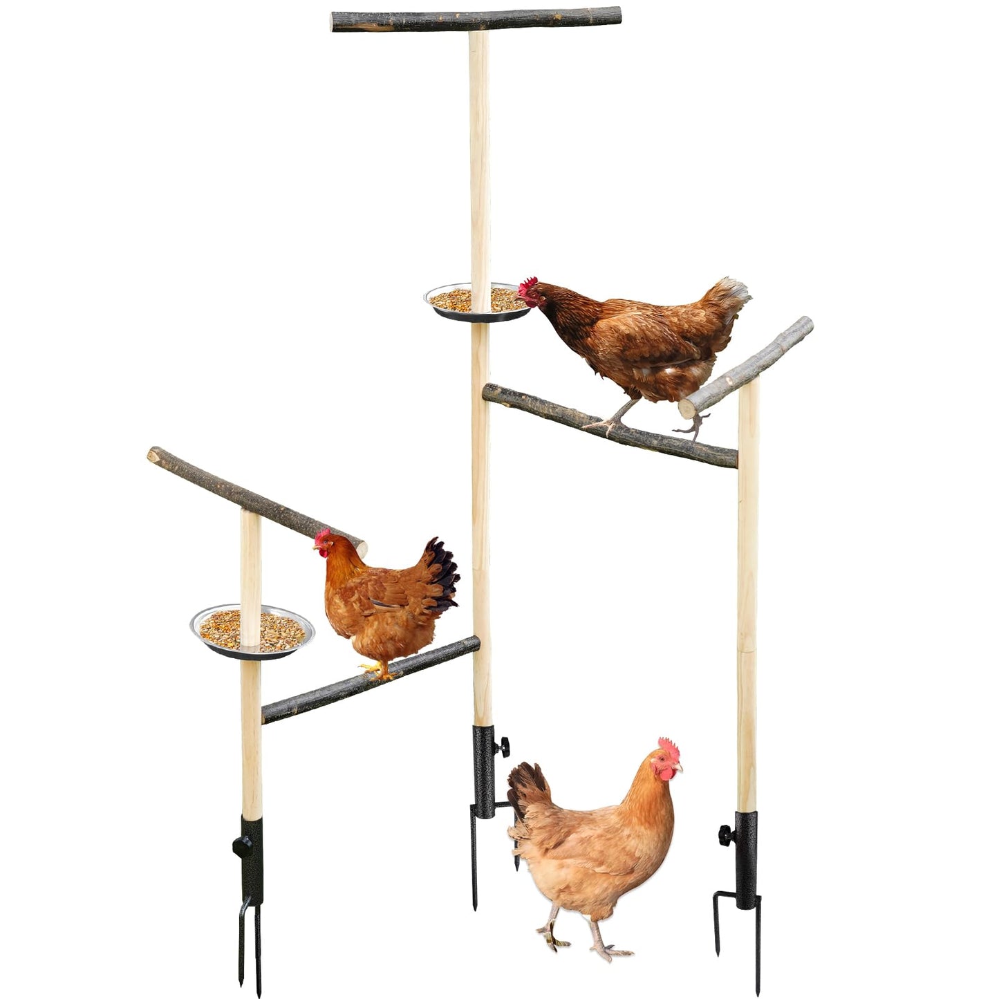 Chicken Perch Chicken Enrichment Toys for Coop Large Chicken Stand Wooden with Metal Ground Plug and Food Plate,Outdoor Poultry Playground Toys Secure Birds Training Platform