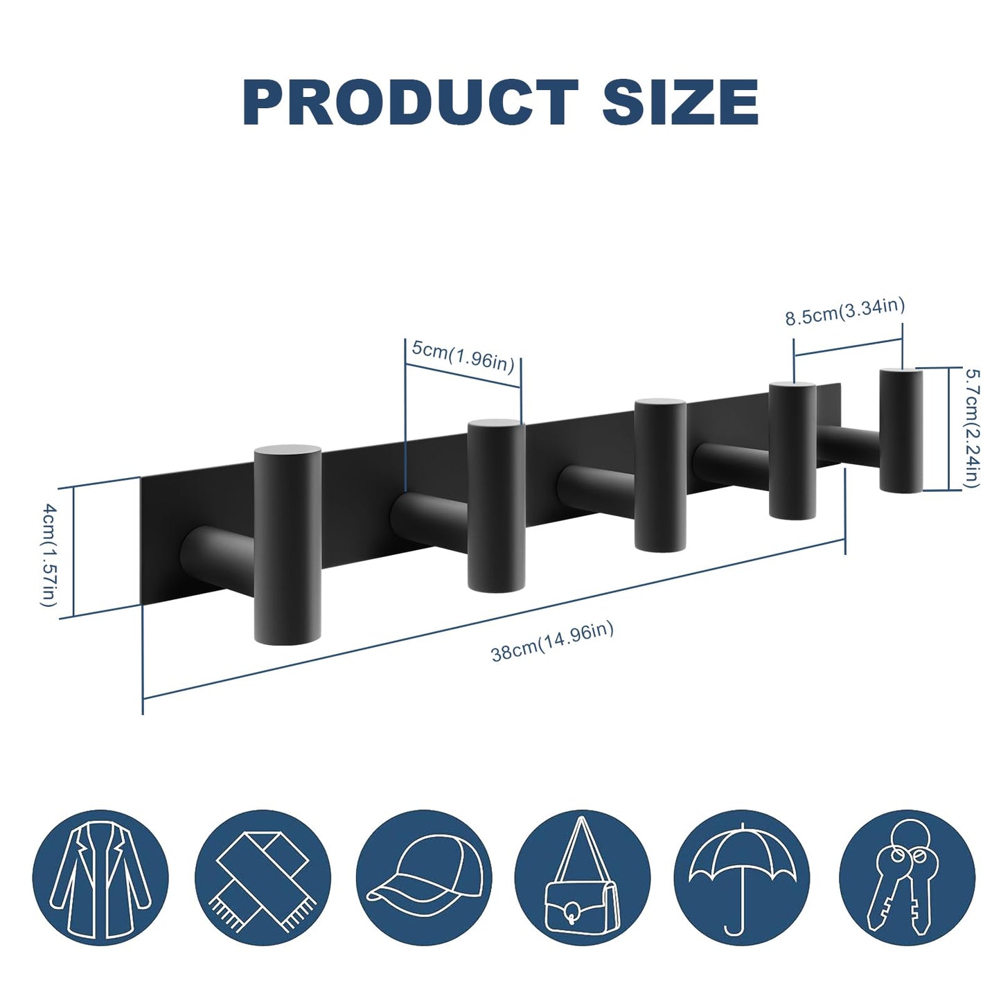PMMASTO Coat Rack Wall Mount with 5 Coat Hooks, Heavy Duty Stainless Steel T Shaped Wall Hooks for Hanging Hat Towel Robes, Coat Hanger in Bathroom Kitchen Entryway (Black, 2 Pack)