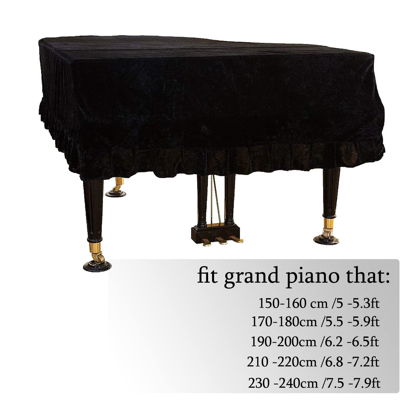 J&C Grand Piano Covers 220G Thicker Pleuche Cloth Golden Velvet 5ft 5.5ft 5’8ft 6ft 6.8ft 7.5ft 8 ft Dust-proof Anti-static Universal (Black, not include chair cover)