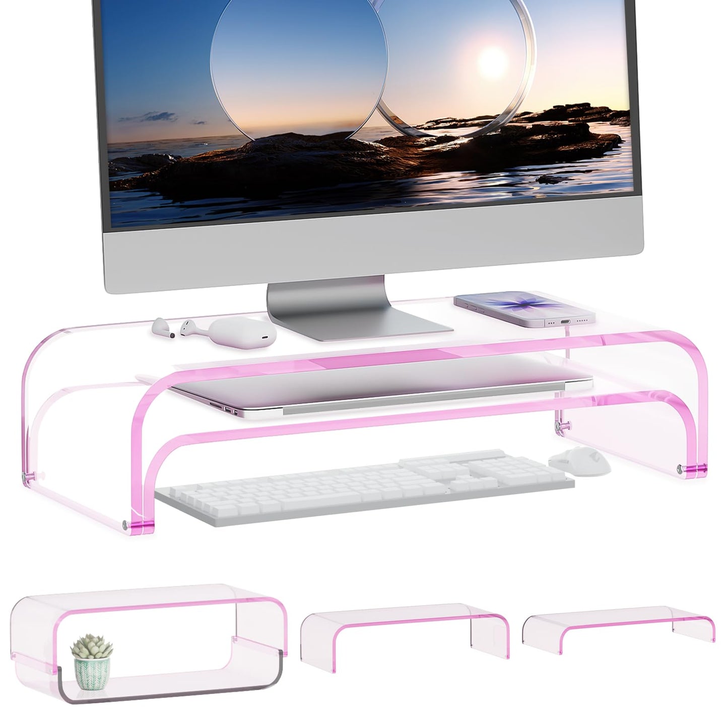 ERGO COLLECT Acrylic Dual Monitor Stand Riser, 2 Tier Detachable Laptop Stand, Computer Desk Organizer Shelf for PC, Laptop, iMac, Home Office (Pink)