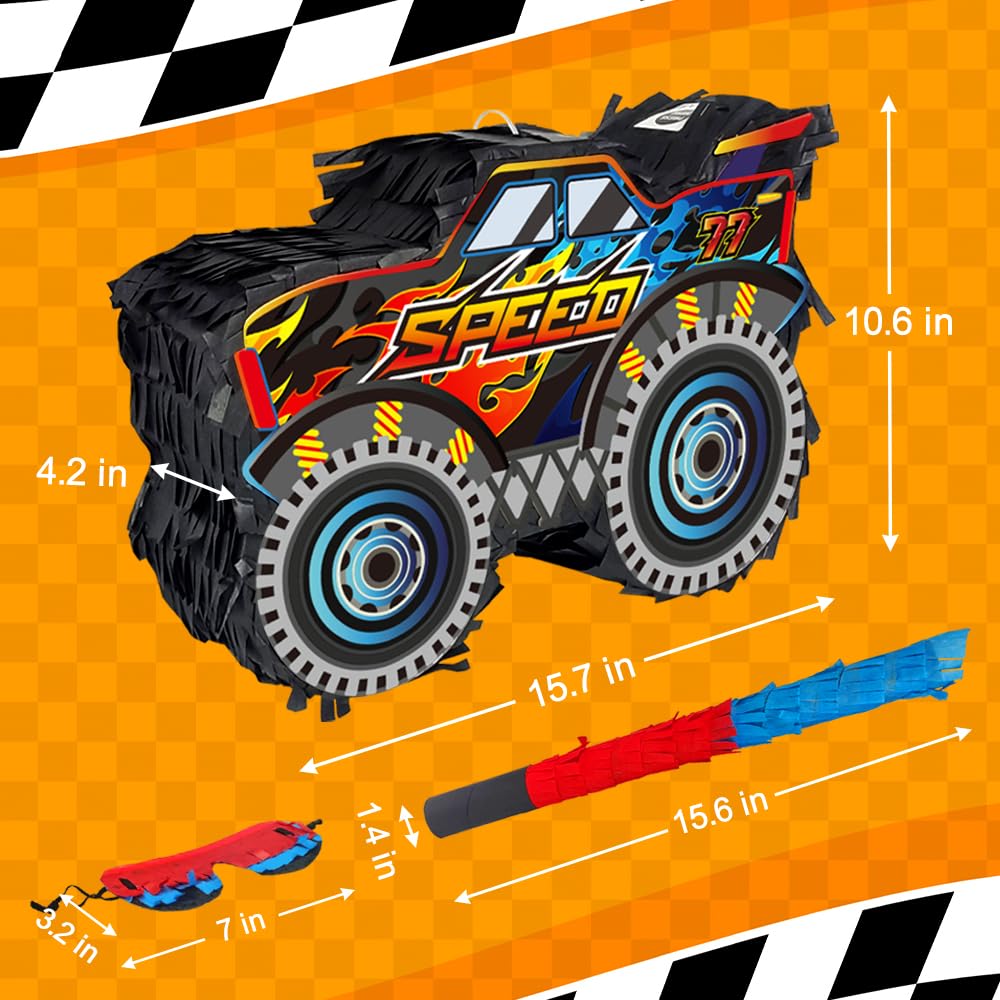 Monster Truck Pinata Car with Stick and Blindfold for Boys' Birthday Party Decoration