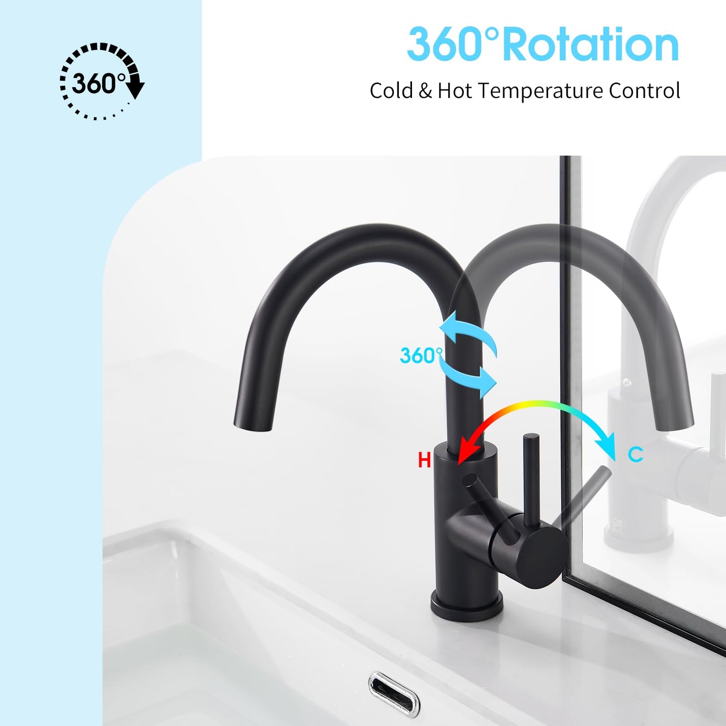 CREA Bar Sink Faucet in Black, Single-Handle 360° Swivel Farmhouse Bathroom Lavatory Sink Faucet Mixer, Small Kitchen Faucet Tap with 4 Inch Deck Plate, Black