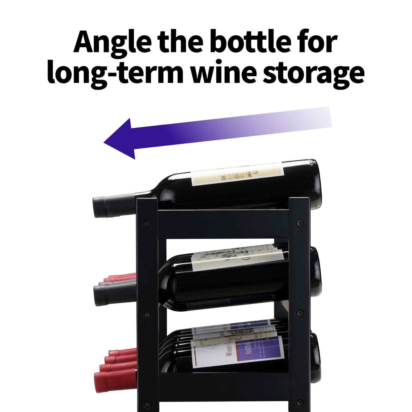 VASMIA Bamboo Wine Rack, Sturdy and Durable Wine Storage Cabinet Shelf, Wine Racks Countertop for Pantry,Kitchen,3-Tier 12 Bottles Wine Rack,Black