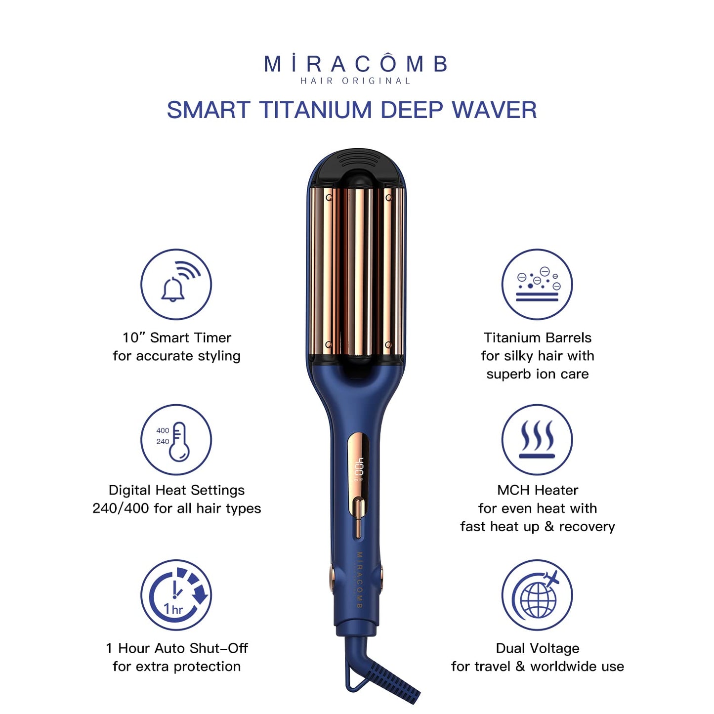 MIRACOMB Titanium Deep Waver Iron, Ion Technology, Digital Heat Settings, Auto Off, Dual Voltage (12.2 inches, Wavy Hair, Hair Waver)