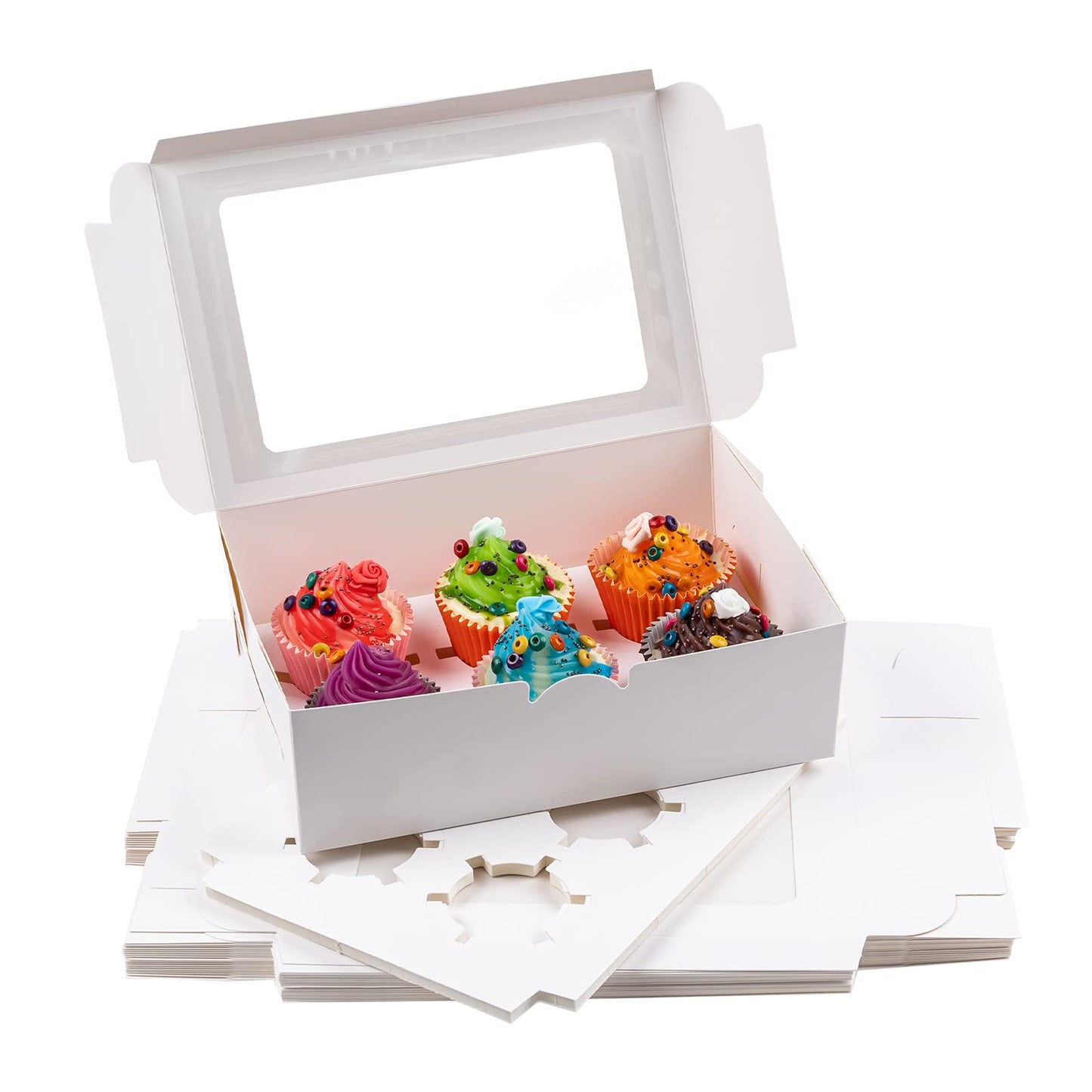 50 Pack Cupcake Boxes 6 Count Muffin Cupcake Box Carrier, White Kraft Bakery Boxes with Windows and Inserts,Take Out Togo Cup cake Container Favor Box