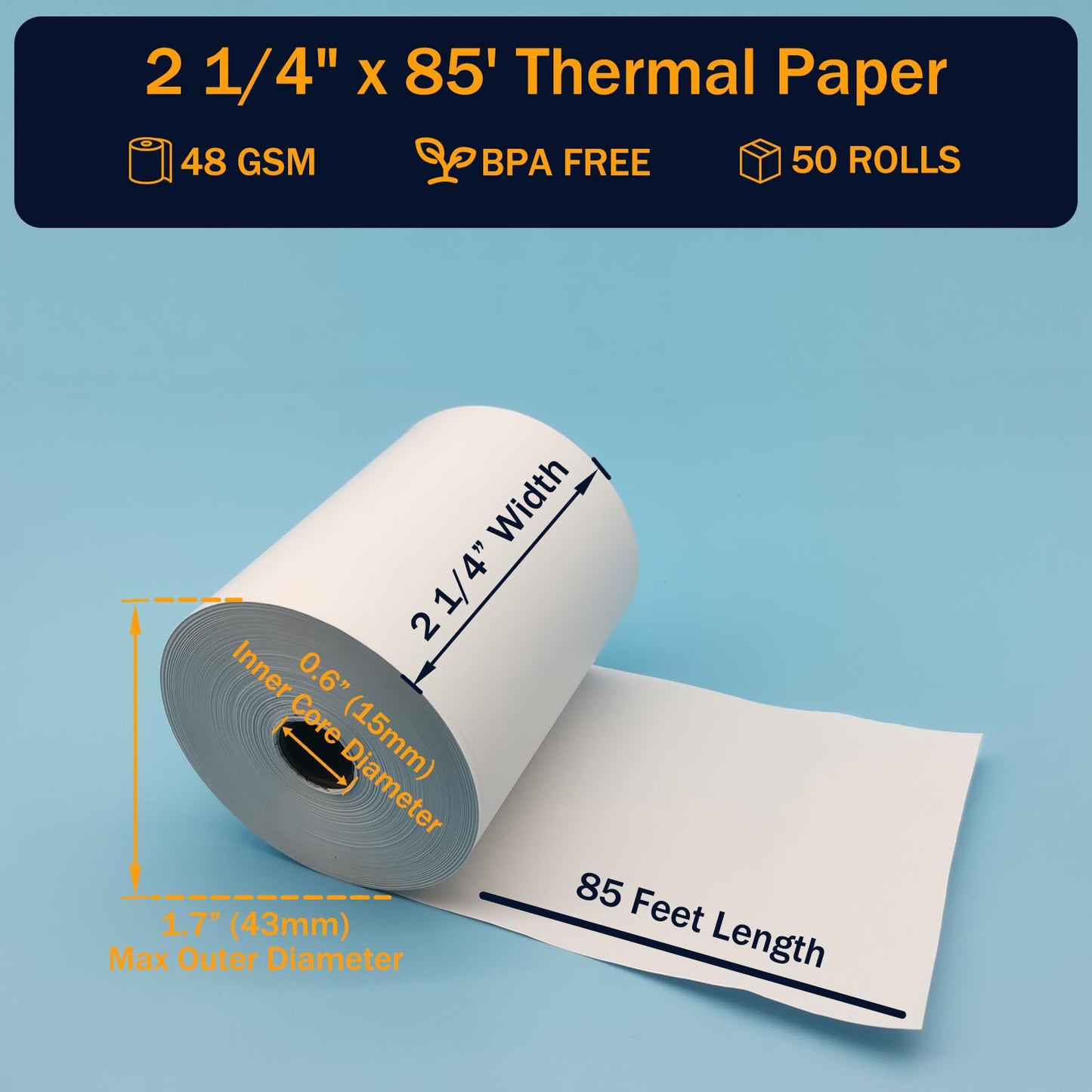 (50 Rolls) 2 1/4 x 85 Thermal Paper Rolls, BPA Free Thermal Receipt Paper Rolls, 2.25 inch Wide and 85 ft Long Per Thermal Paper Receipt Roll