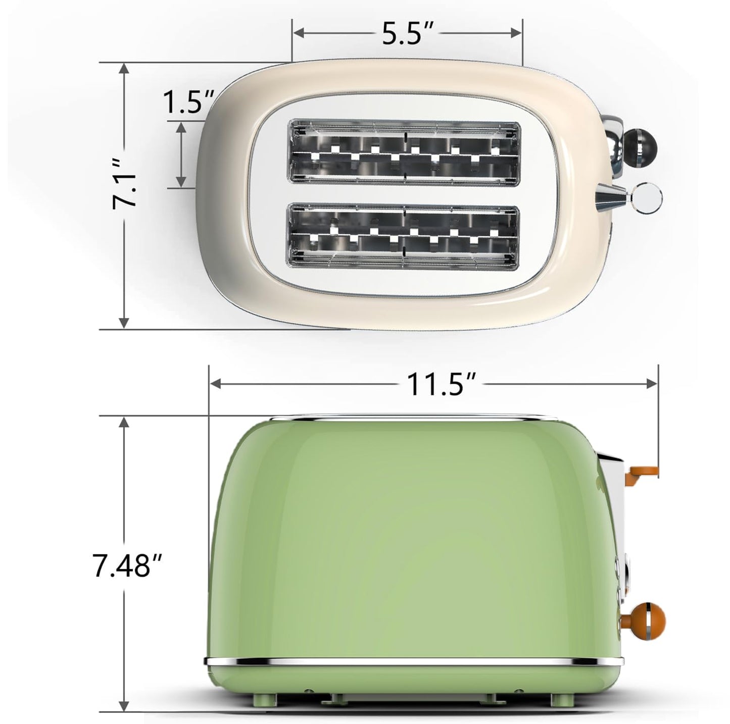 BLITZ Retro 2-Slice Stainless Steel Toaster, Cream Finish – Adjustable 6 Browning Levels, 1.5-Inch Extra-Wide Slots, Bagel/Defrost/Cancel Functions, and Removable Crumb Tray (Retro-Green)