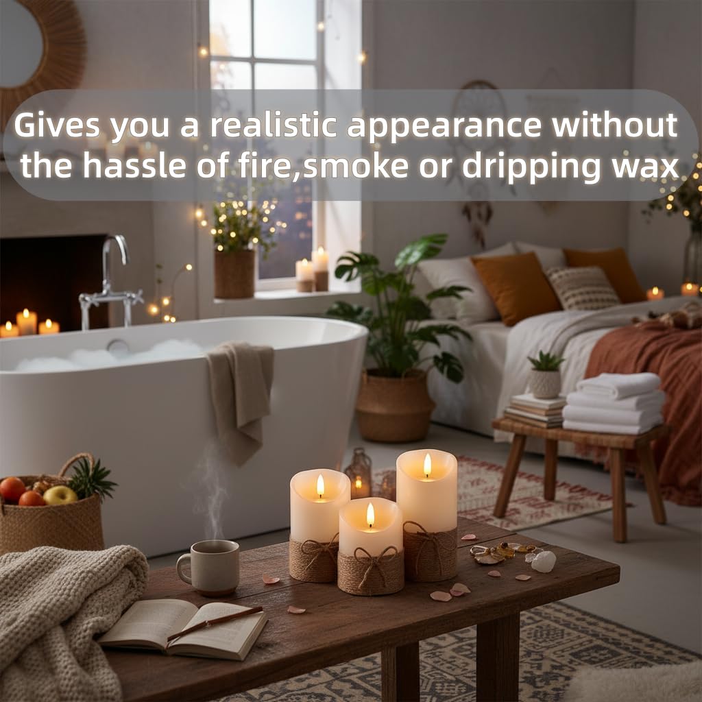 Flickering Flameless Ivory Candles Realistic LED Candles with Remote Control and Timer Battery-Operated (Hemp Rope)