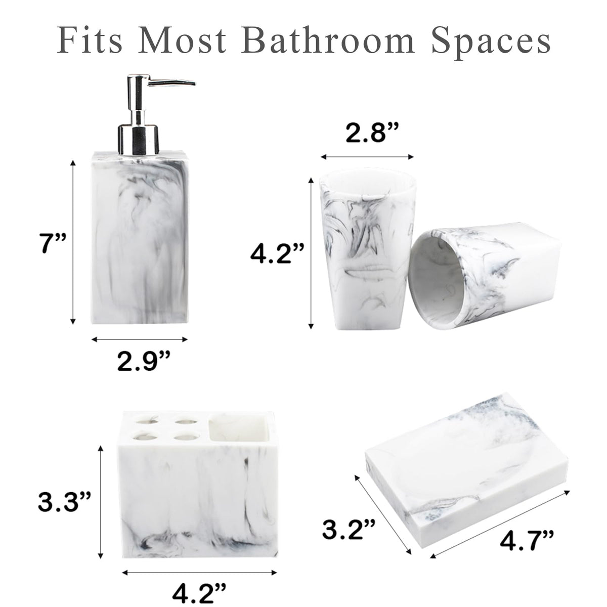 5 Piece Bathroom Accessories Set, Marble Resin Bathroom Vanity Set, Soap Dispenser, Toothbrush Holder, Soap Dish & 2 Tumblers, Bathroom Countertop Organizer Set (Ink White)