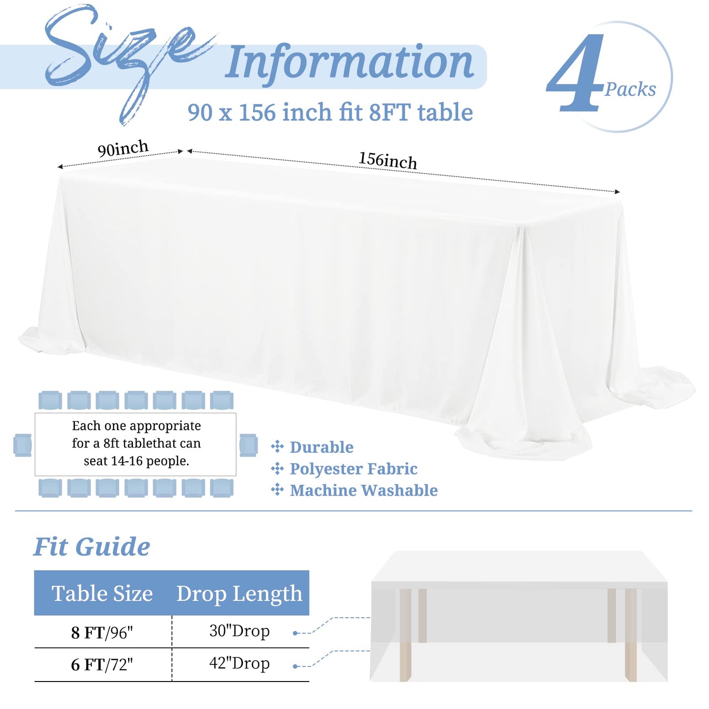 Showgeous 4 Pack White Tablecloth 90 x 156 Inch, Rectangle Tablecloth for 8 Foot Table, Stain and Wrinkle Resistant Washable Polyester Table Cloth Cover for Wedding Dining Table Buffet Party