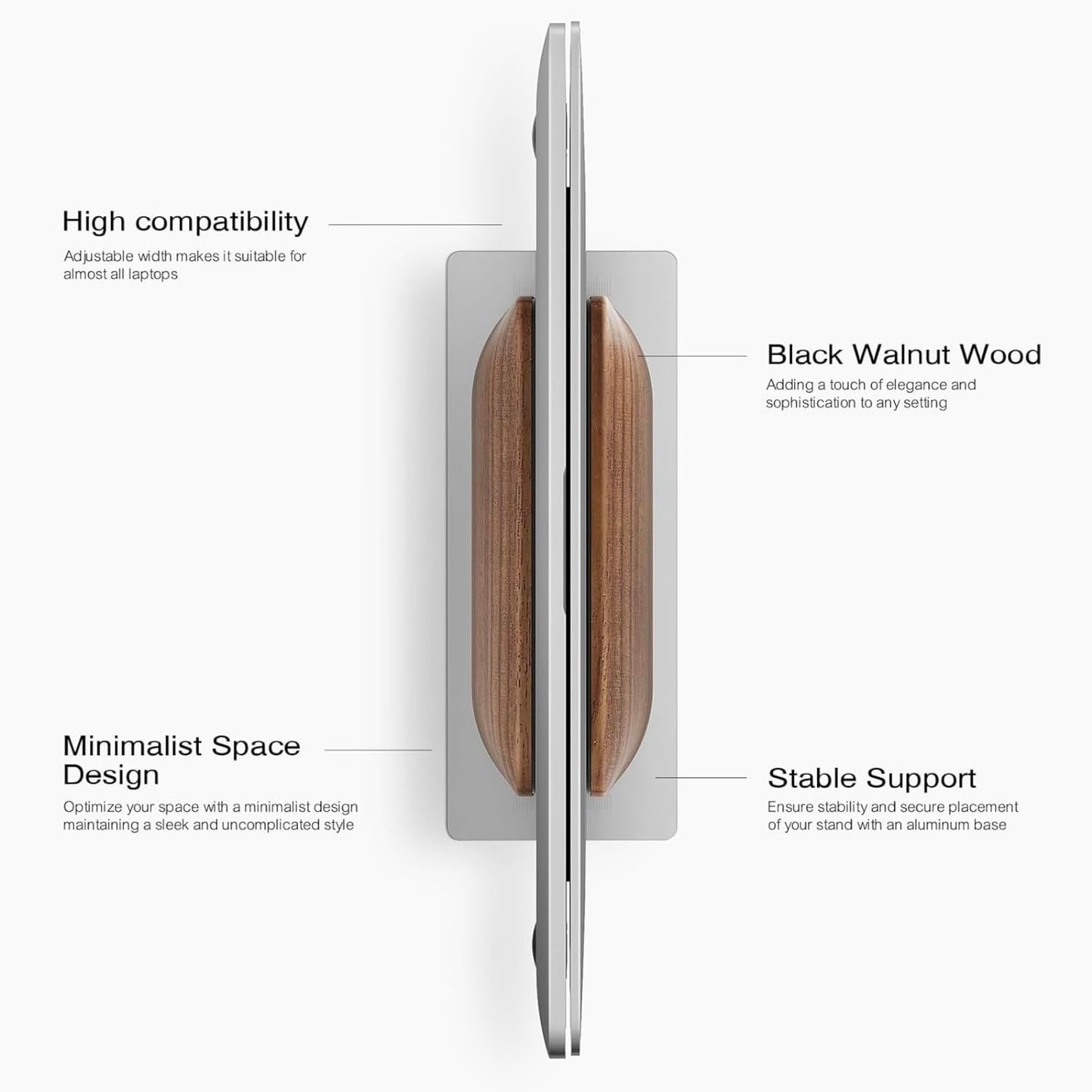 Vertical Laptop Stand for Desk, Black Walnut Wood and Aluminium Laptop Holder for All MacBook, Surface, Samsung, HP, Dell, ‌Chromebook