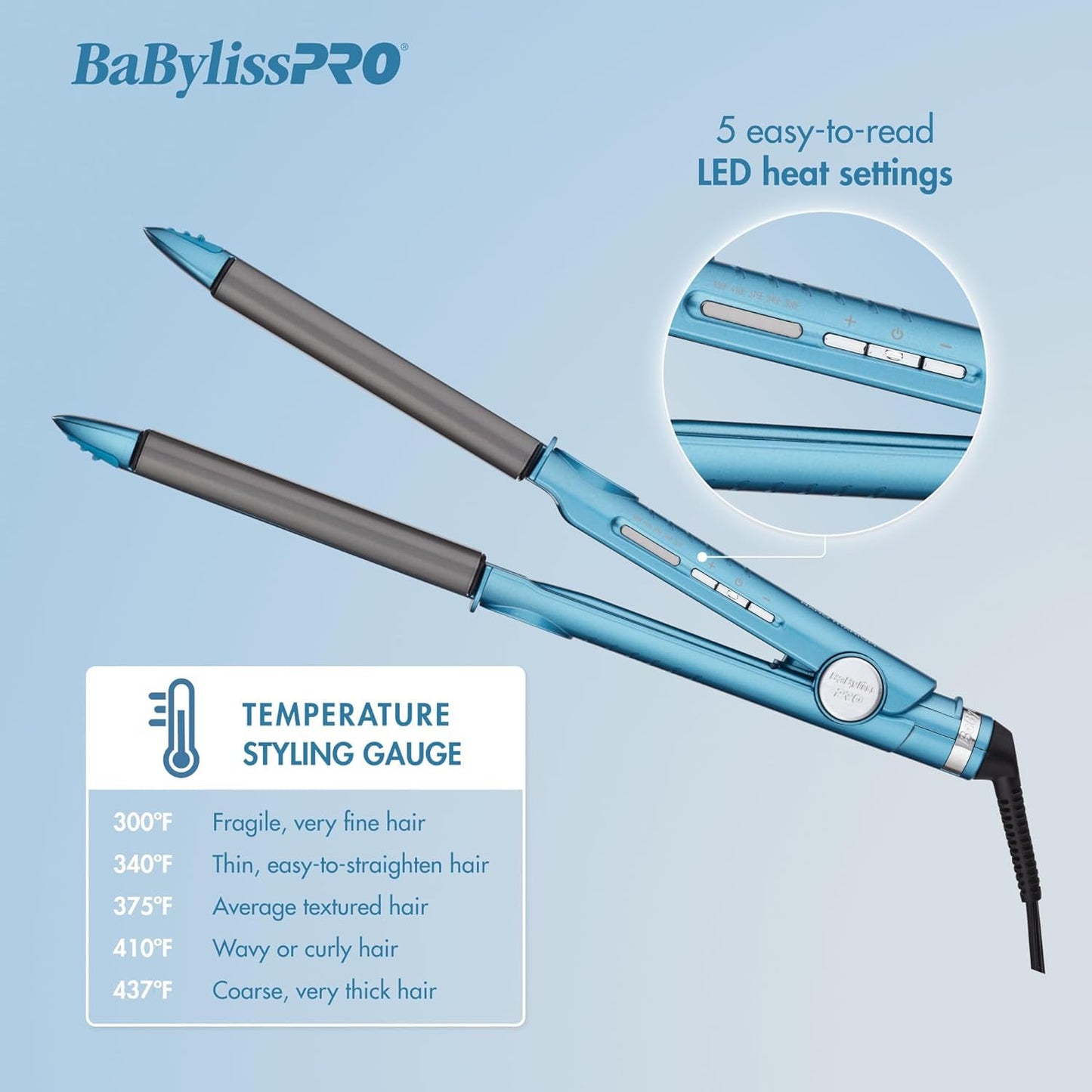 BaBylissPRO Nano Titanium and Ceramic U Style Dual Voltage Flat Iron with Unique Curved Side Plates for flips, waves and curls