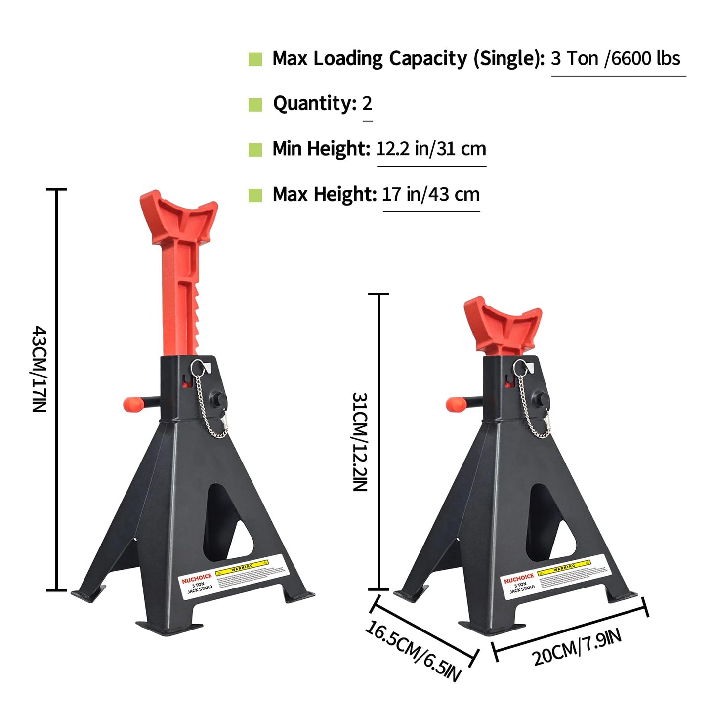 NUCHOICE 3 Ton Jack Stands with Double Locking Pins, Heavy Duty 6,600 lbs Capacity, Pair for Lifting SUVs, Pickup Trucks, Cars, UTVs/ATVs