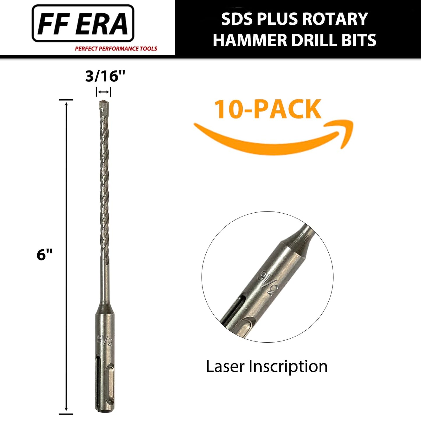 FF ERA 10-Pack SDS Plus 3/16" x 6" Rotary Hammer Drill Bits, Carbide Tipped for Brick, Stone and Concrete