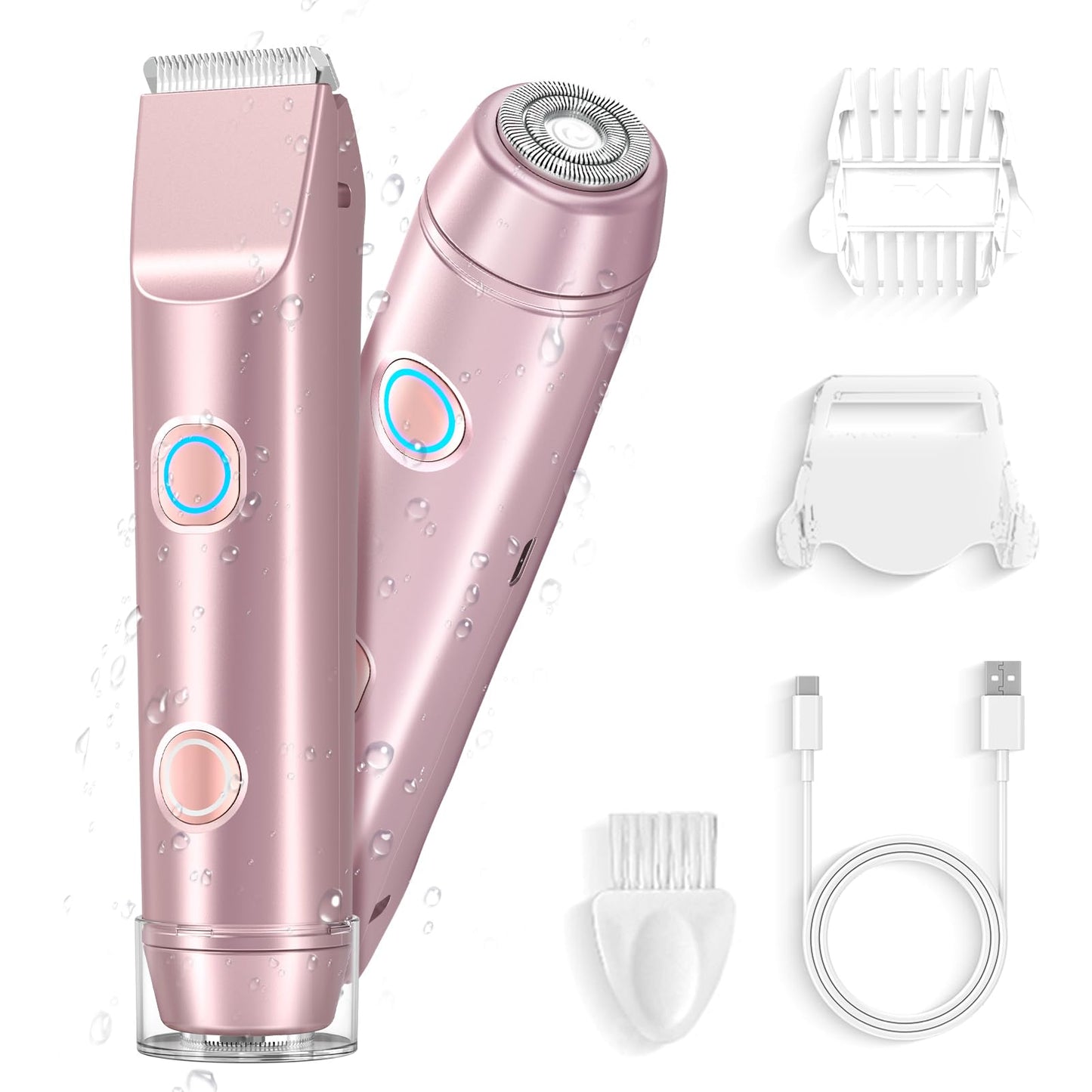 Bikini Trimmer for Women, Cordless Electric Shaver Razors with Ceramic Blade Heads, Rechargeable Pubic Hair Trimmer with IPX7 Waterproof for Underarm Leg Face Arm Pubic Area, Wet/Dry Use(Rose Gold)