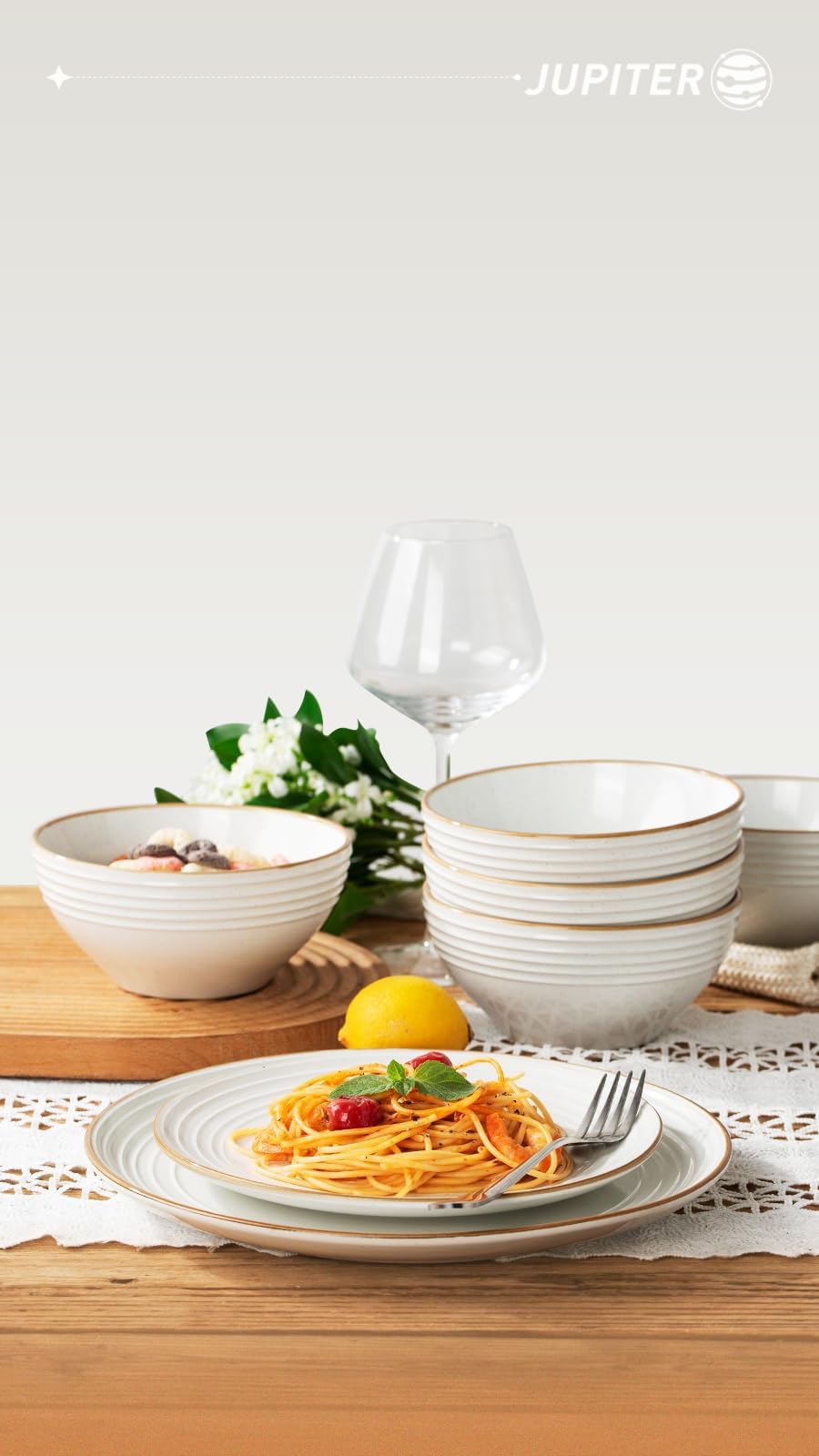 Richmount Jupiter Dinnerware Set, Plates and Bowls Sets for 4, Microwave and Dishwasher Safe, Scratch Resistant, 12 Pieces Dishes Set, White
