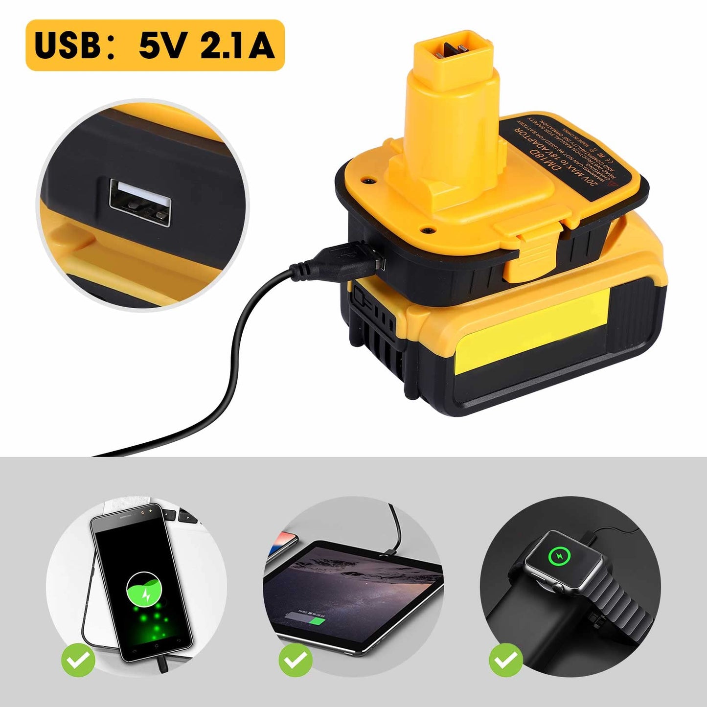 2 Packs DM18D Battery Adapter with USB, Replace DCA1820 for DeWalt 20V & for Milwaukee Lithium Battery to for DeWalt 18V NiCad & NiMh Battery Tools