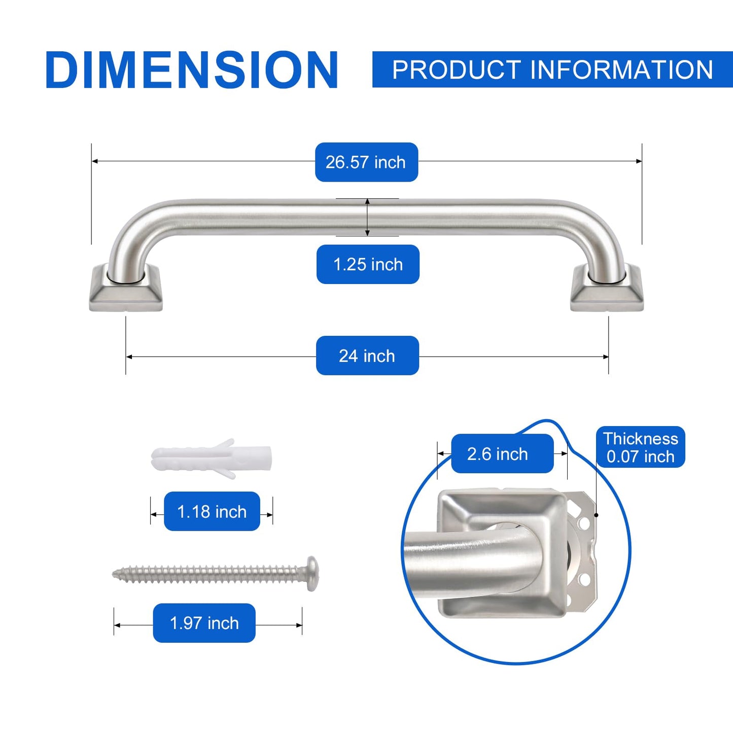Bathroom Grab Bars Stainless Steel Handrail ADA Compliant 500lbs bathtubs and Showers Toilet Handle Safety for Handicap, Elderly, Disabled, Injury (24inches 2 Pack)