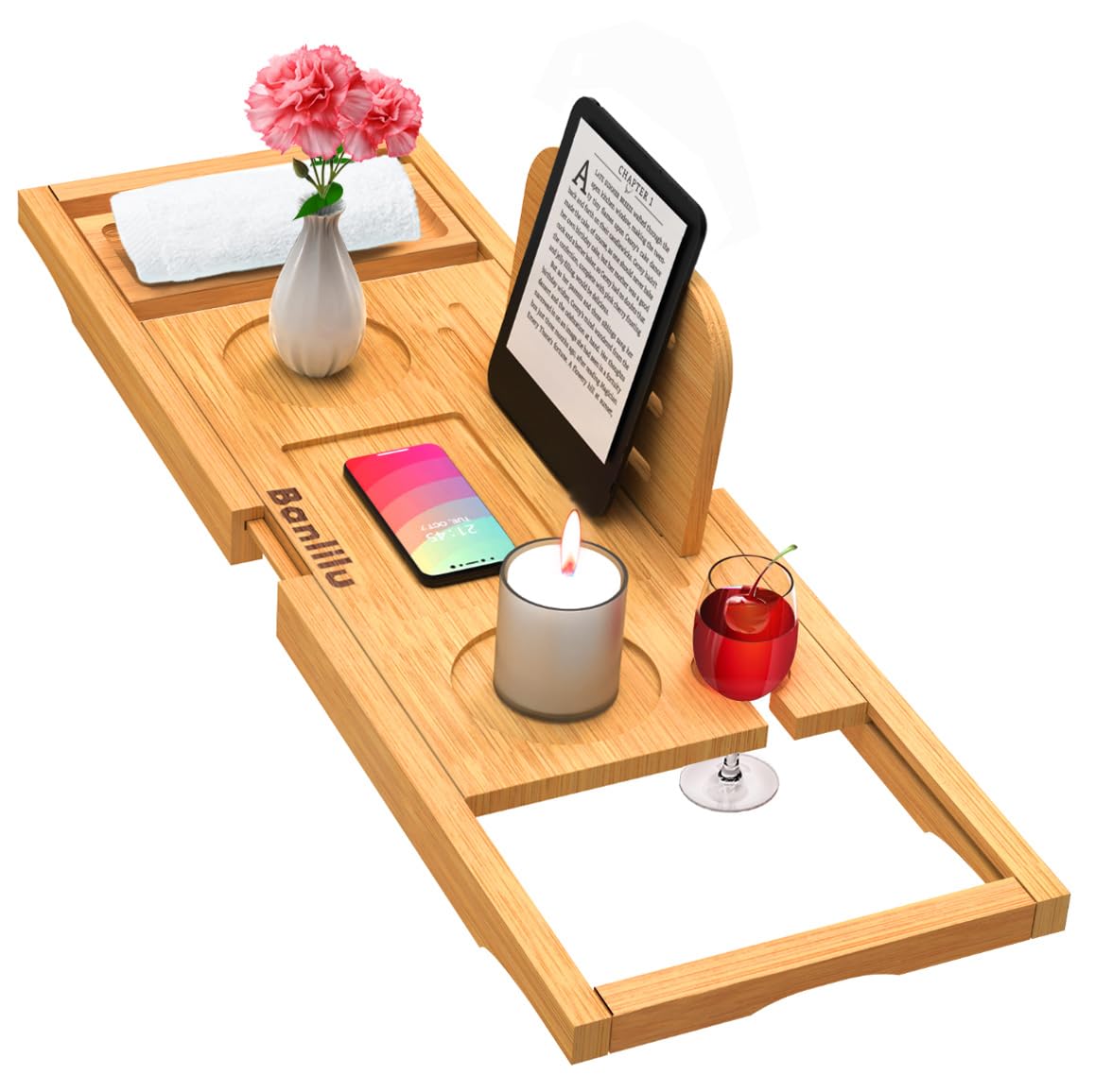 Premium Bamboo Bathtub Tray Caddy - Bath Tray Adjustable - Bathroom Trays for Bathtub,Expandable Size, Fits Most Bath Tubs