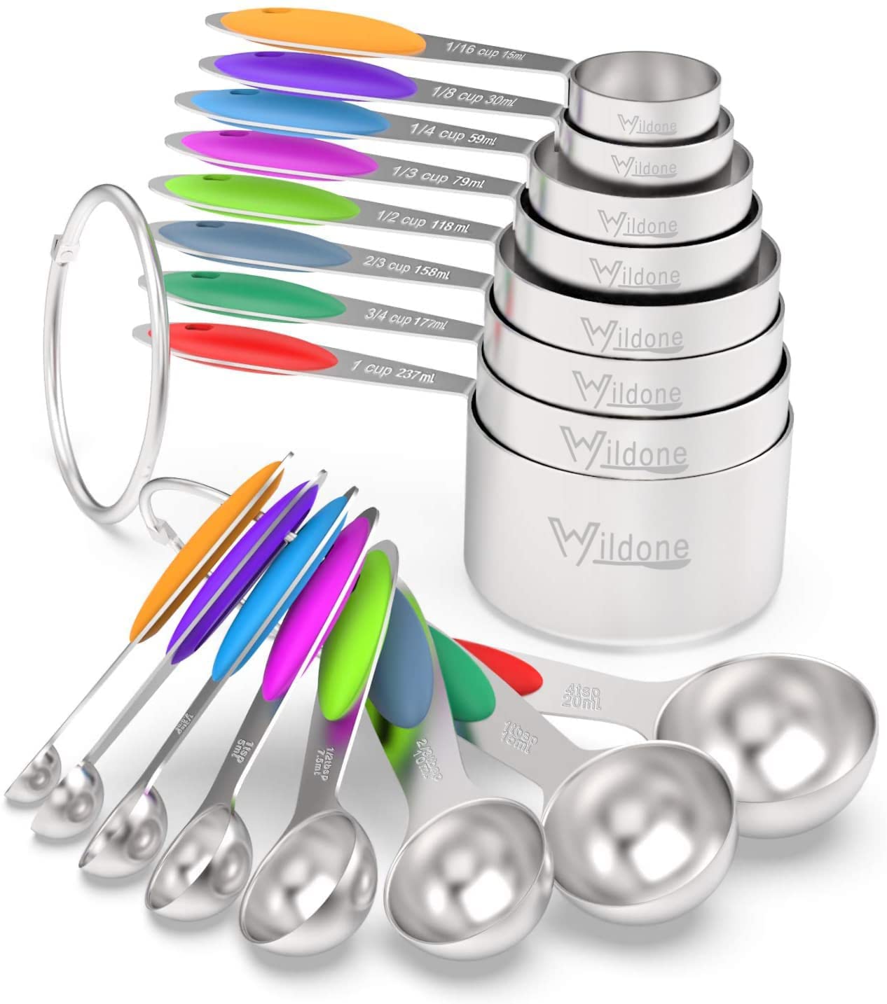 Measuring Cups & Spoons Set of 16, Wildone Premium Stainless Steel Measuring Cups and Measuring Spoons with Colored Silicone Handle, Including 8 Nesting Cups, 8 Spoons, for Dry and Liquid Ingredient