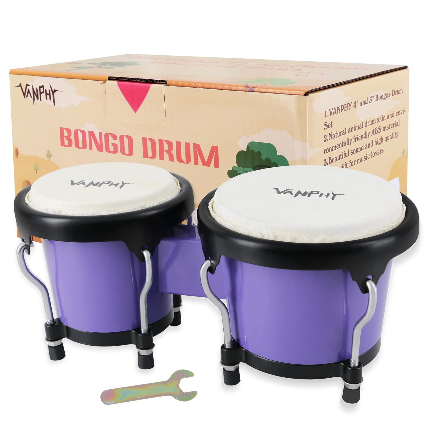 VANPHY Bongo Drum 4'' and 5'' Set for Kids Adults Beginners Percussion Bongos Drum With Tuning Wrench (Deep Purple)